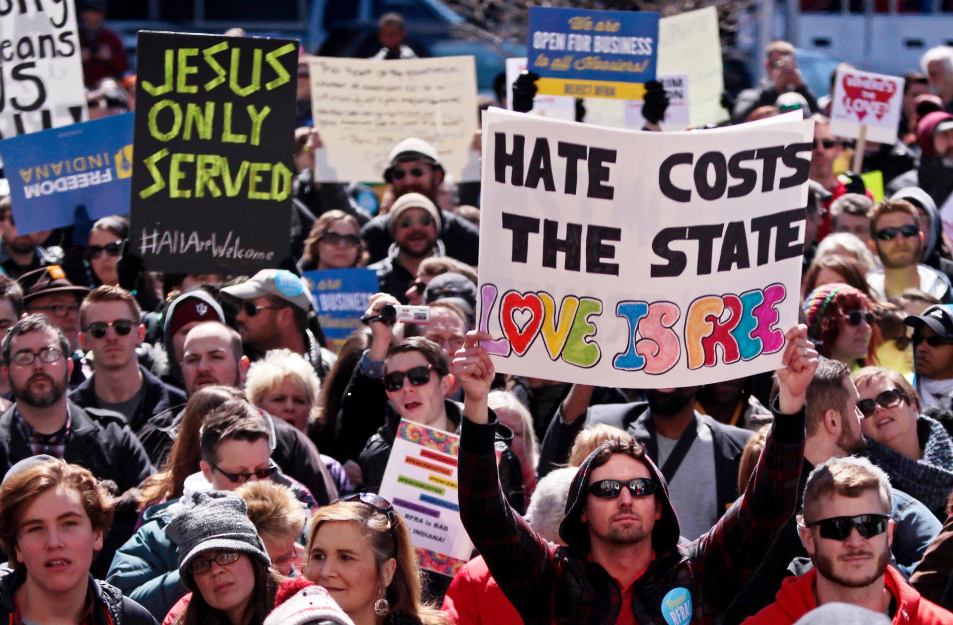 Demonstrators gather at Monument Circle to protest a controversial religious freedom bill recently signed by Governor Mike Pence, during a rally in Indianapolis on March 28, 2015.