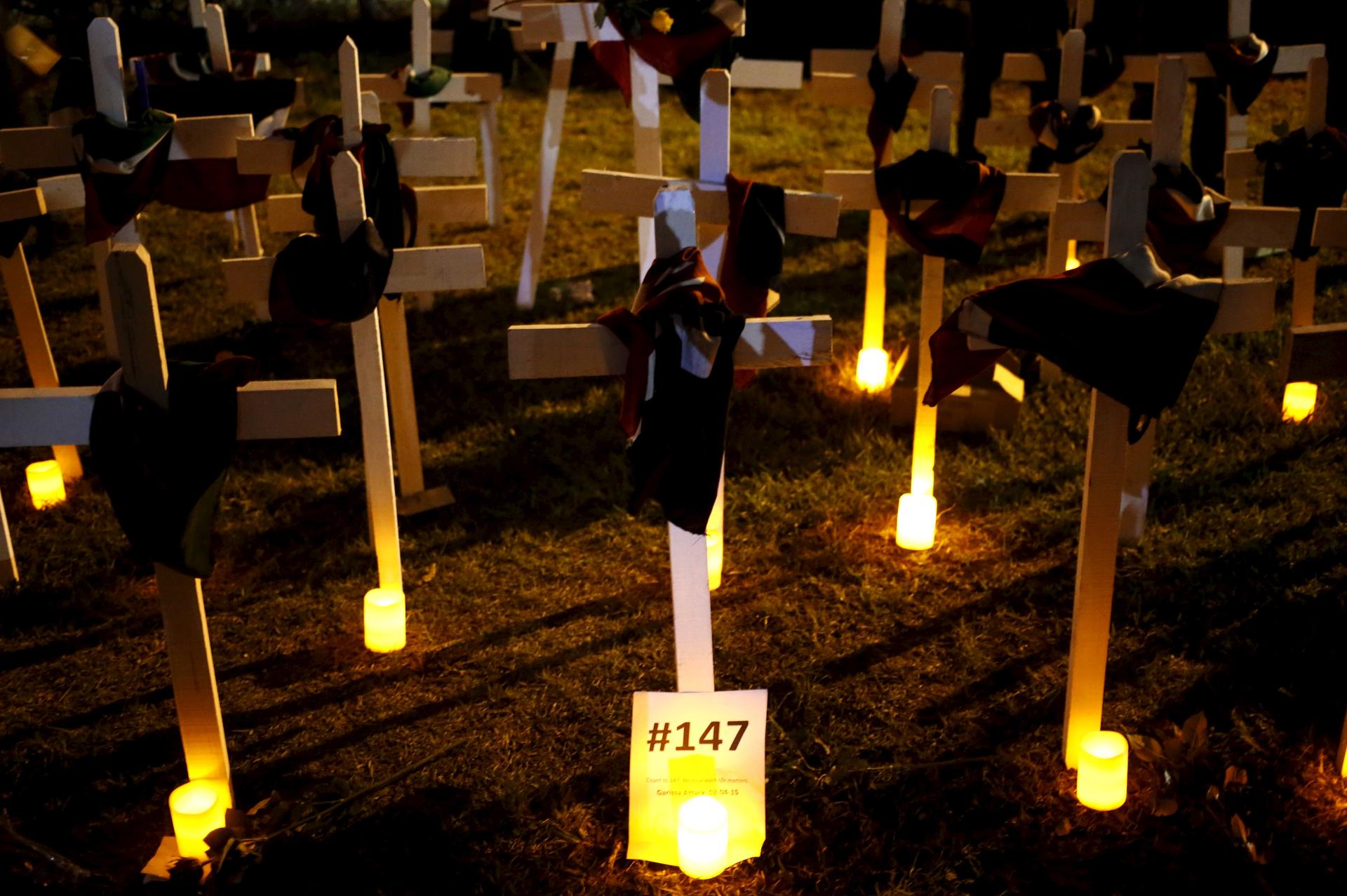 Wooden crosses are placed on the ground, symbolising the 147 people killed during an attack by gunmen at the Garissa University College. 