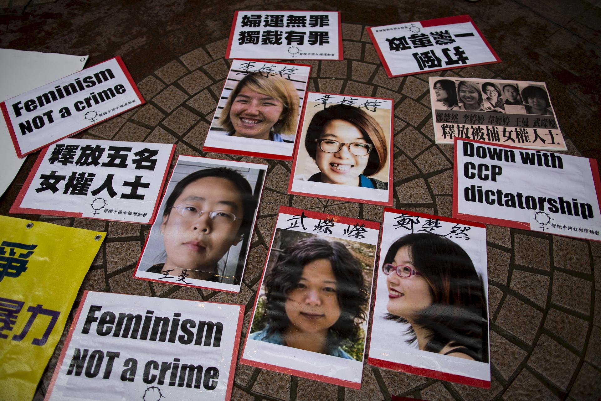 Portraits of Li Tingting (top L), Wei Tingting (top R), (bottom, L-R) Wang Man, Wu Rongrong and Zheng Churan are pictured during a protest calling for their release in Hong Kong April 11, 2015.