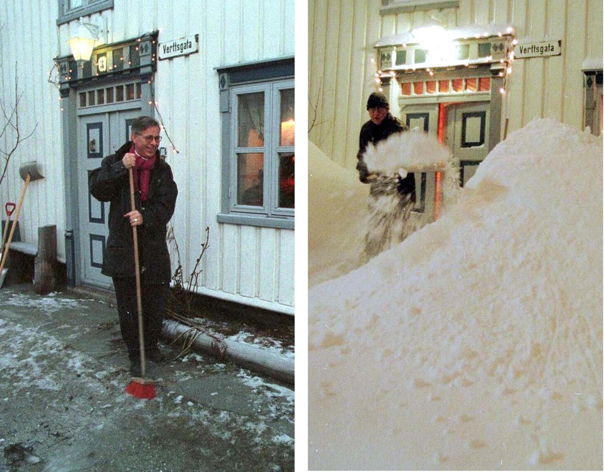 Norwegian resident Gunnar Farsund stands in front of the clear doorway of his house due to mild weather in the far northern city of Tromsoe January 9, 1998, in contrast with the same time last year (R) when he and the town were besieged with 143 centimete