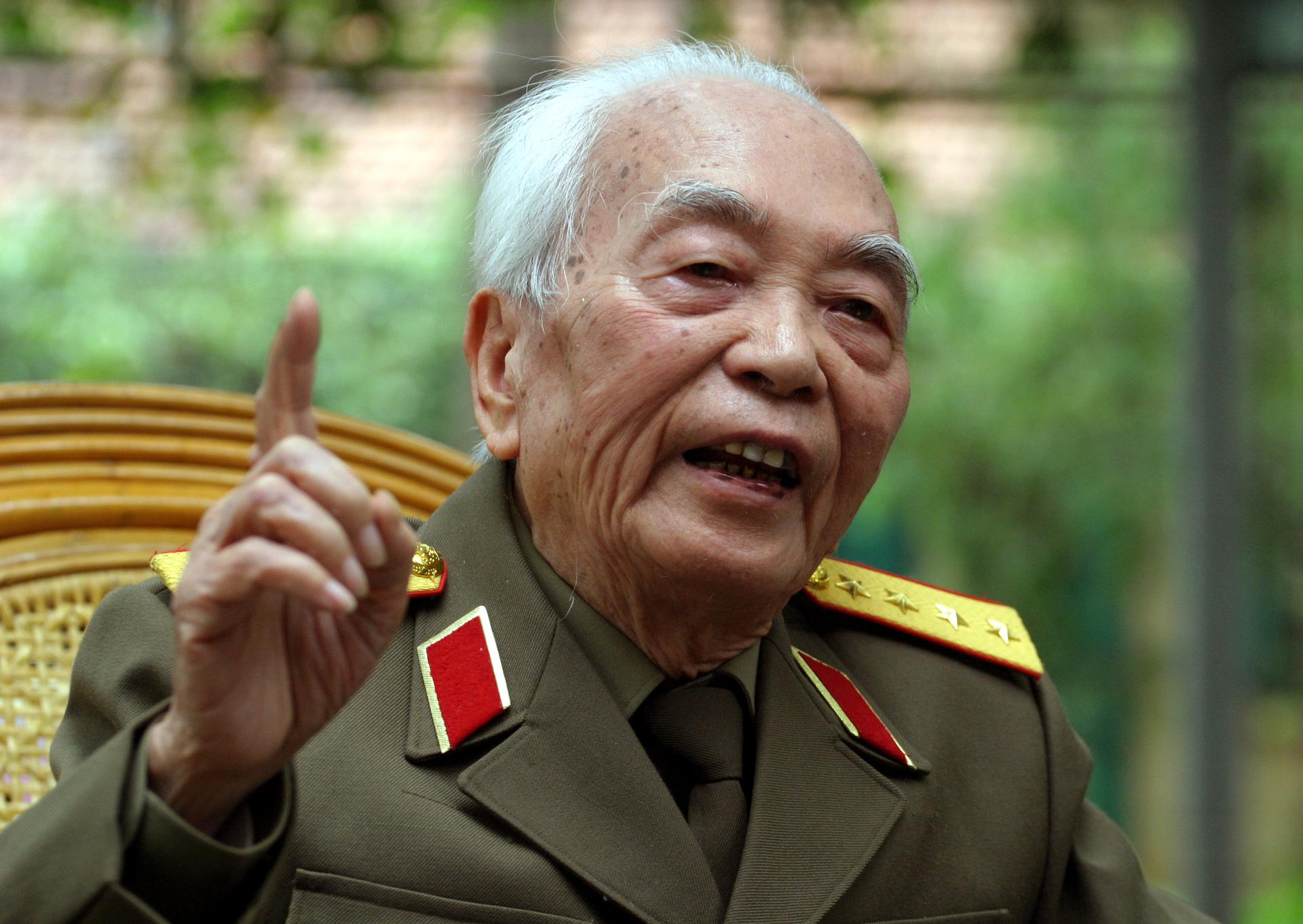 General Vo Nguyen Giap speaking during an interview in Hanoi, in 2004, on the 50th anniversary of his stunning and decisive defeat of the French at Dien Bien Phu.