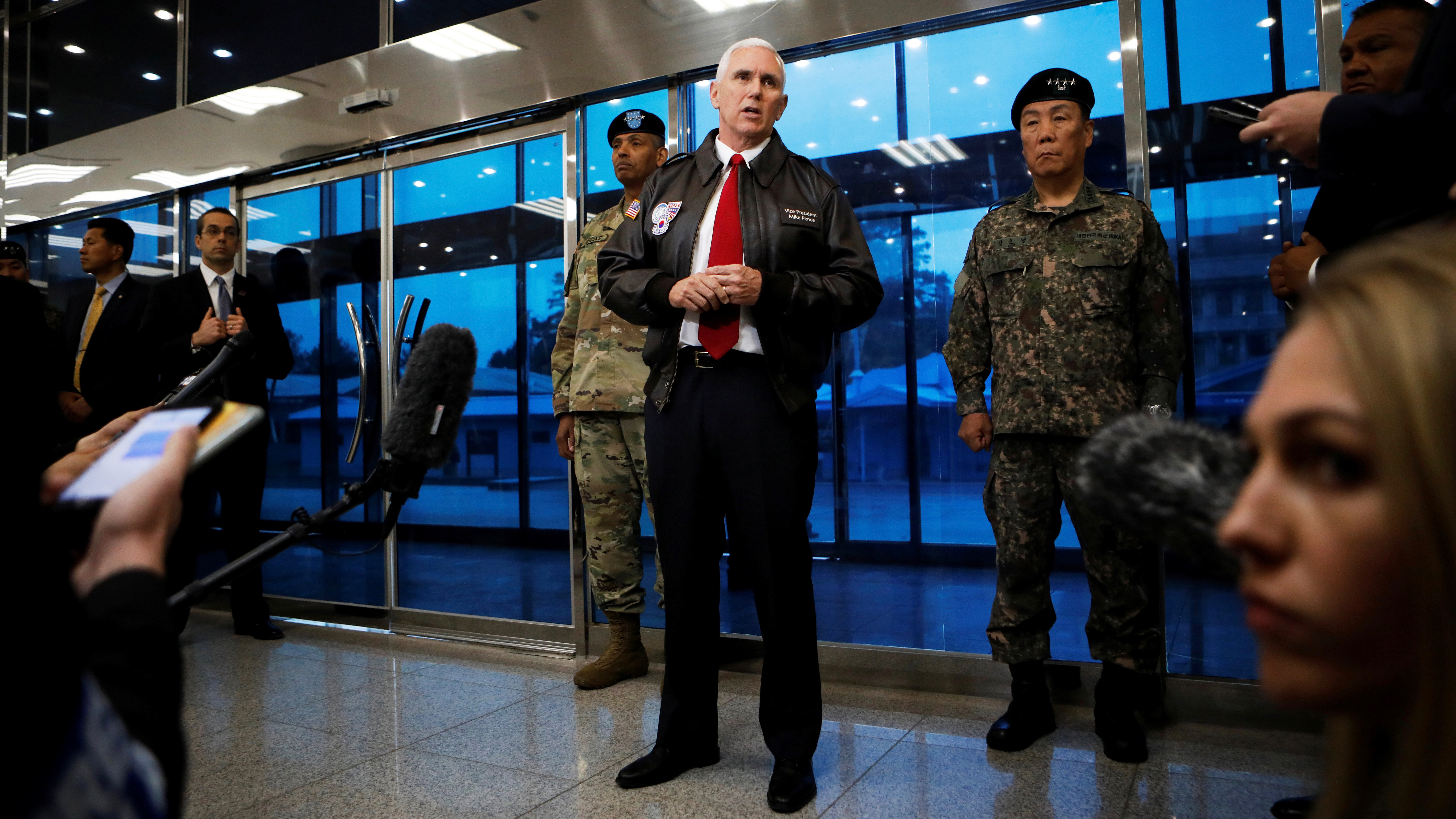 US Vice President Mike Pence answers a reporter's question at the truce village of Panmunjom, South Korea, April 17, 2017.