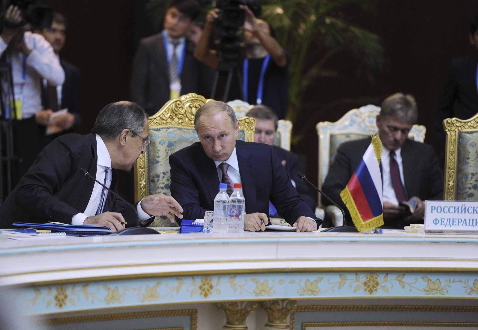 Russian President, Vladimir Putin, at a conference in Dushanbe, Tajikistan, September 15, 2015, where he underlined Russia’s support for President Bashar al-Assad of Syria.