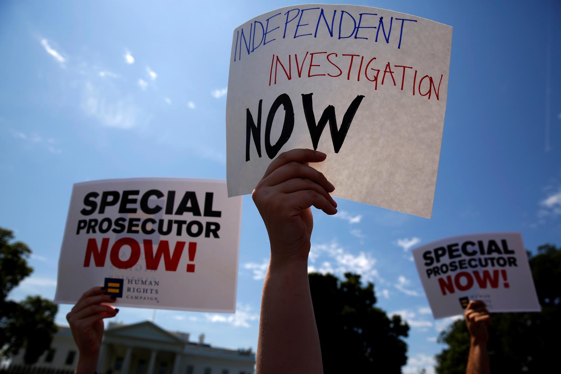 Protesters gather to rally against US President Donald Trump's firing of Federal Bureau of Investigation (FBI) Director James Comey, outside the White House in Washington, DC. May 10, 2017.