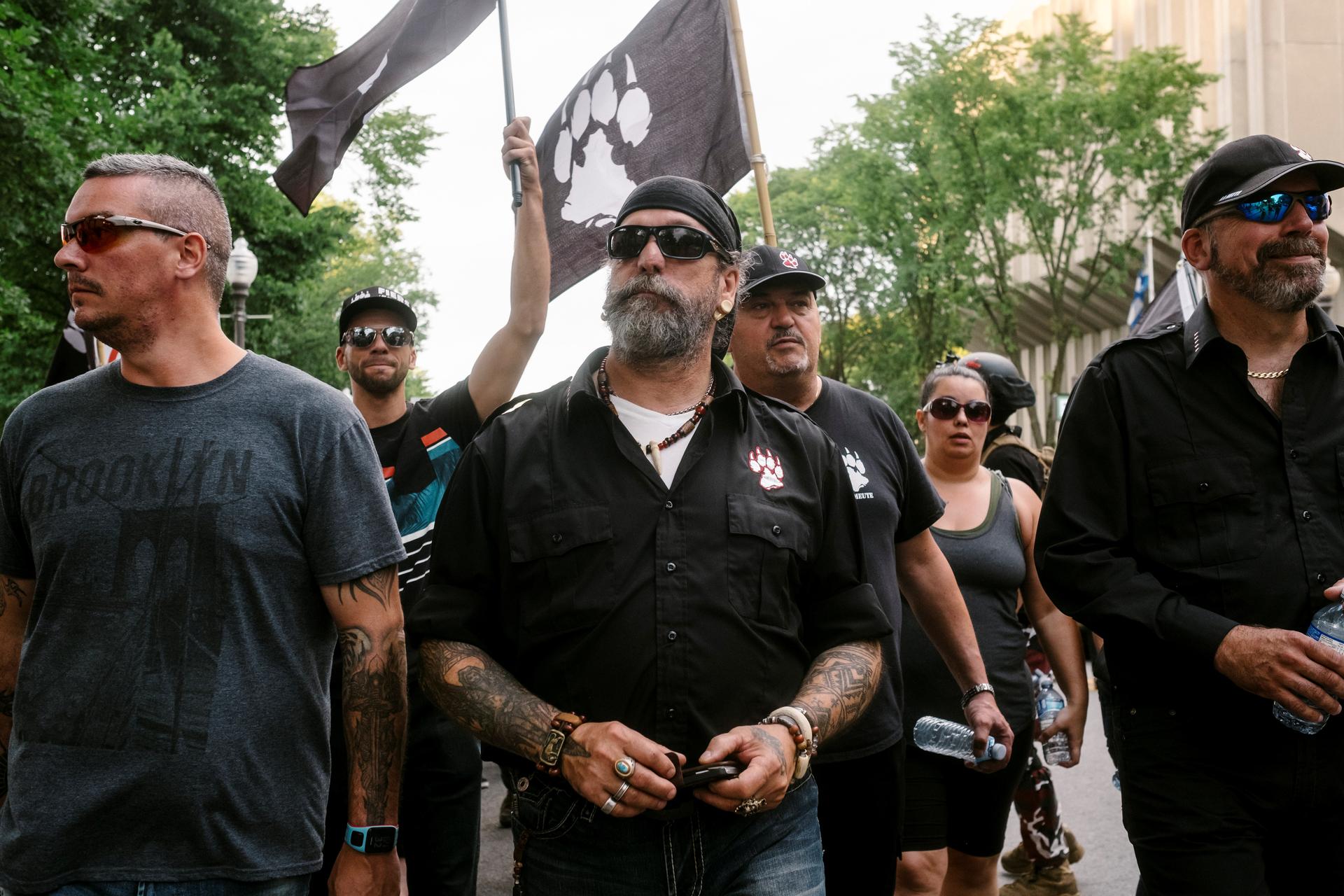 Patrick Beaudry, founder and leader of Quebec group La Meute, marches during a protest to demand stronger border controls in Quebec City.