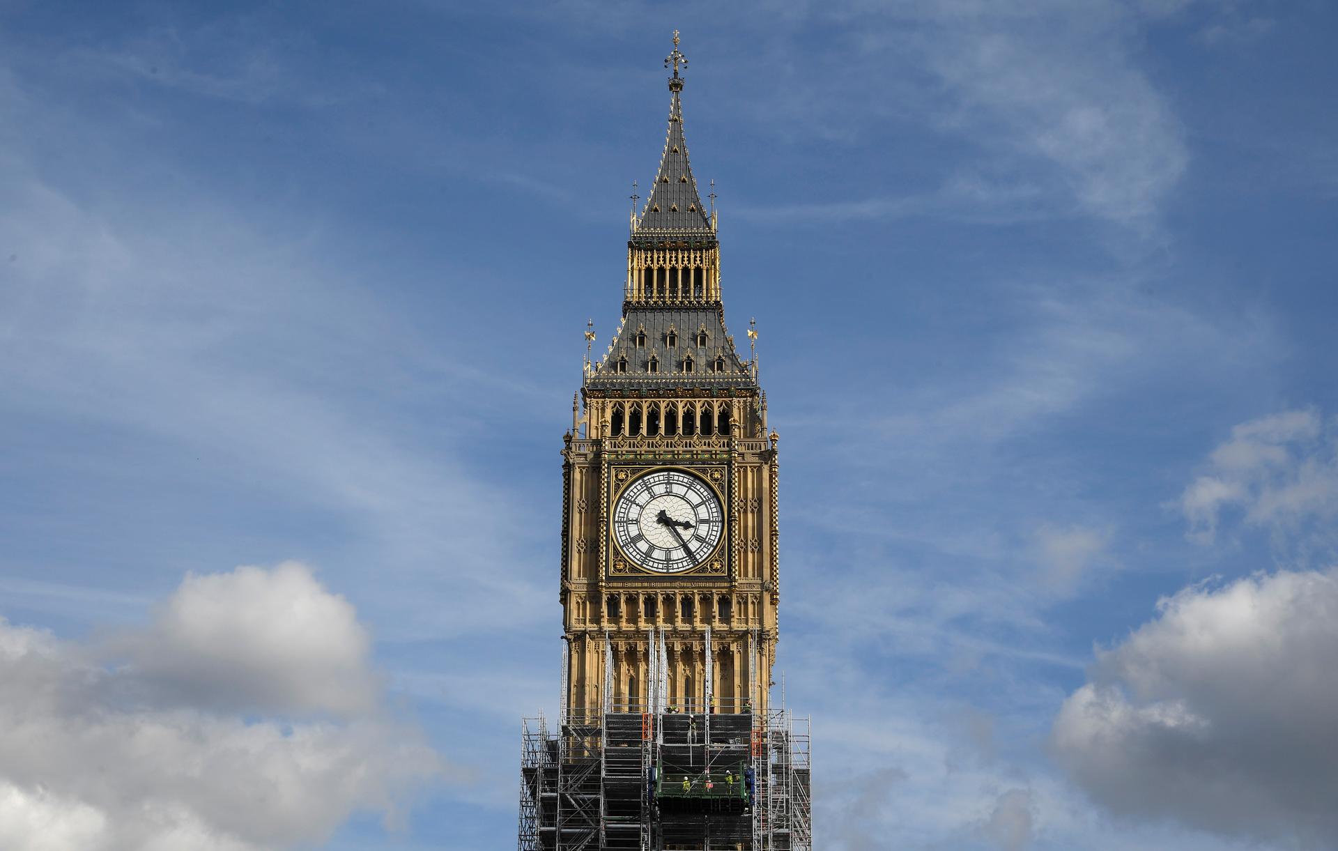 Scaffolders work on the Big Ben clock tower which is undergoing maintenance in Westminster, London, Sept. 28, 2017