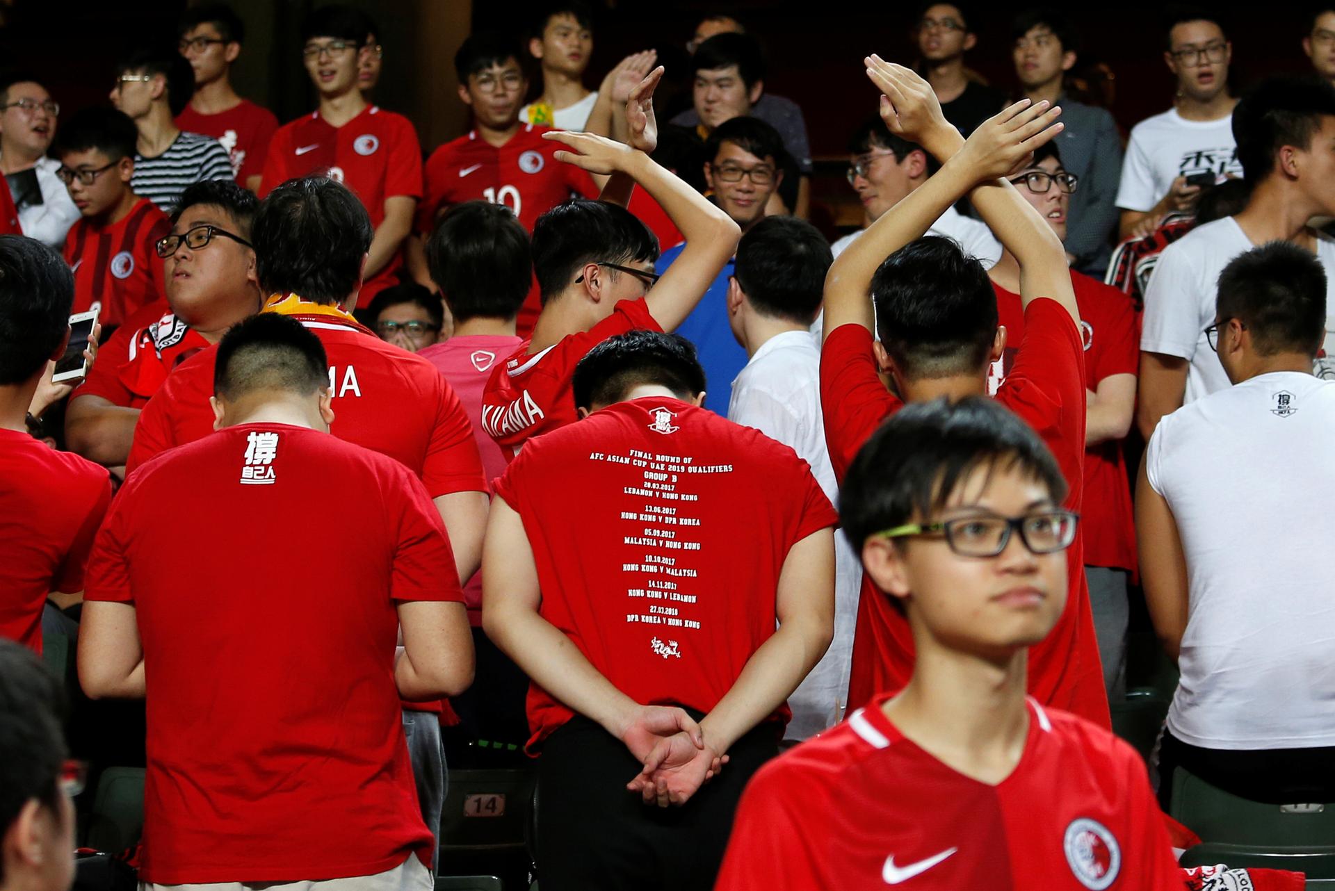 Hong Kong fans turn their backs during Chinese national anthem before the Hong Kong v Malaysia - AFC Asian Cup Qualifiers. 