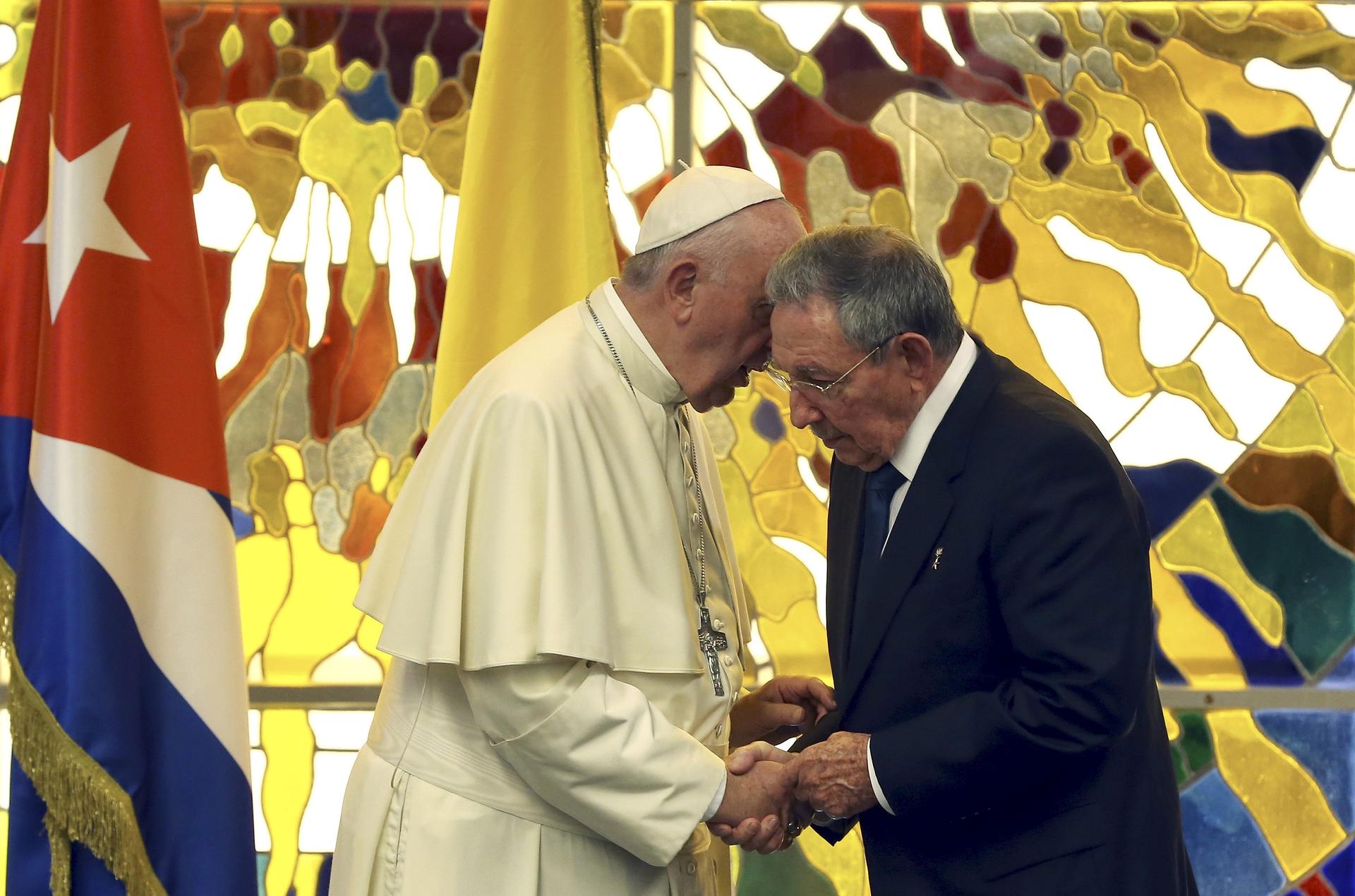 Pope Francis and Cuba's President Raul Castro confer in Havana on Sunday. 