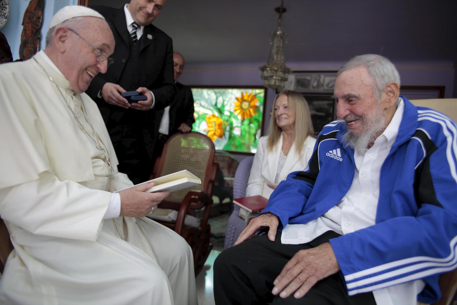 Pope Francis (L) and former Cuban President Fidel Castro (in a tracksuit) share a laugh in Havana, Cuba, September 20, 2015.