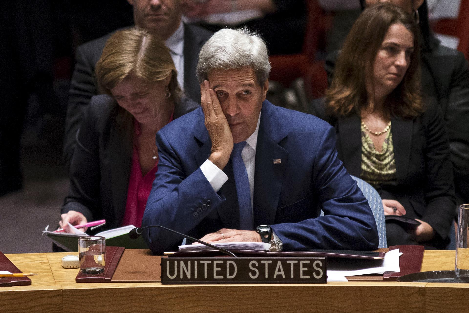 US Secretary of State, John Kerry looks on during the U.N. Security Council meeting on counter-terrorism at the United Nations General Assembly at the United Nations in New York on September 30, 2015. 