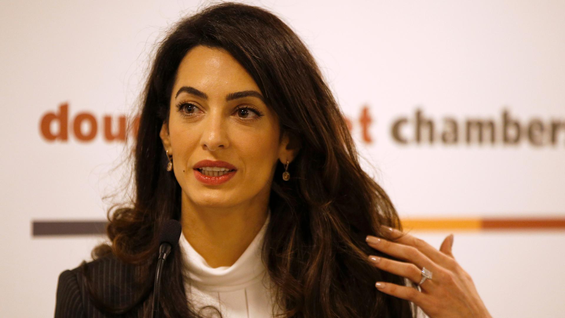 Amal Clooney speaking at recent news conference for another high-profile case