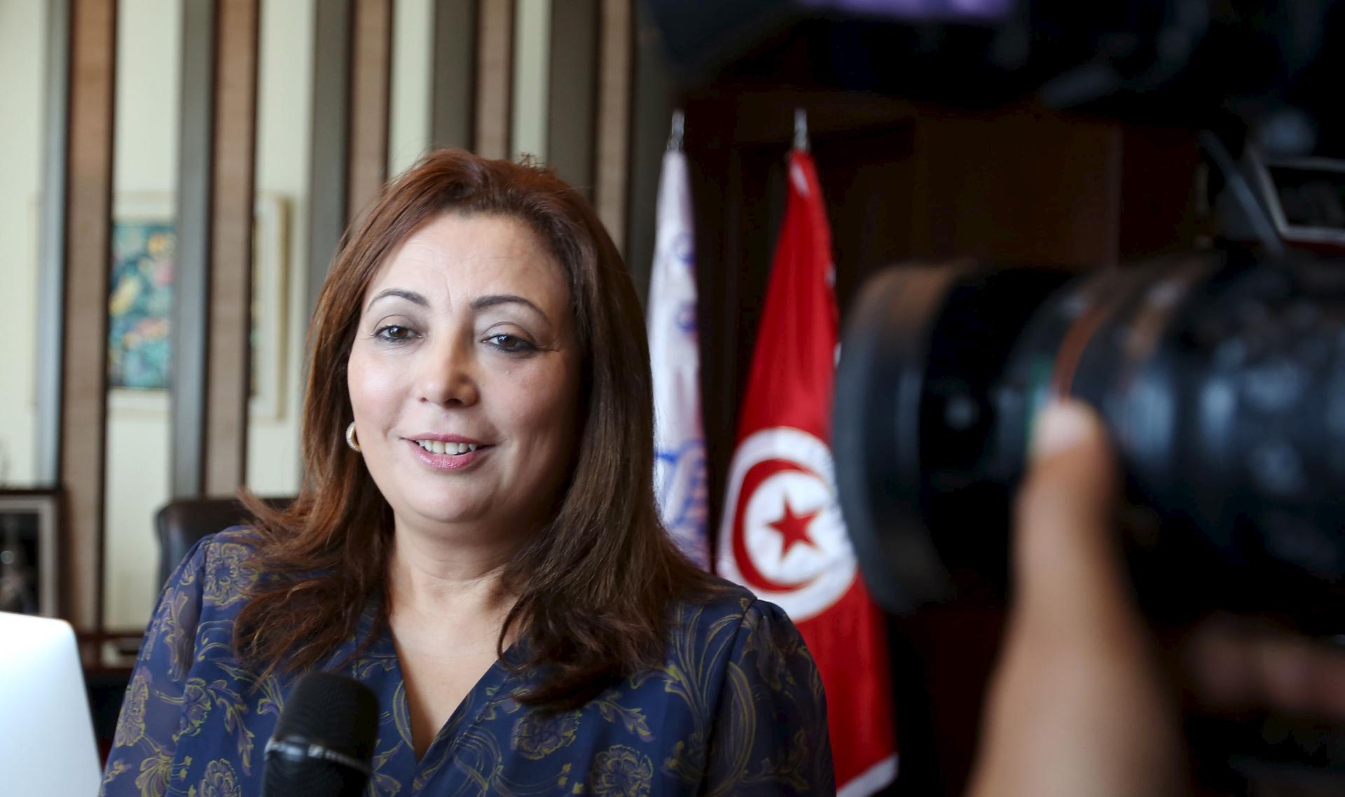 Wided Bouchamaoui, president of Tunisia's Employers' Organisation (UTICA) and a member of Tunisia's National Dialogue Quartet, talks to journalists in her office in Tunis, Tunisia October 9, 2015.