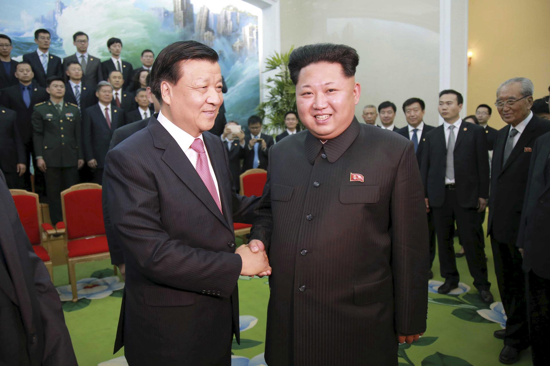 North Korean leader Kim Jong Un receives a delegation of the Communist Party of China led by Liu Yunshan in October of 2015.