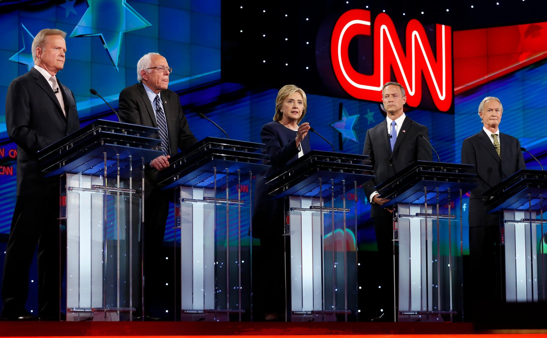 Jim Webb, Bernie Sanders, Hillary Clinton, Martin O'Malley and Lincoln Chafee attend the first debate in Las Vegas, Nevada October 13, 2015.