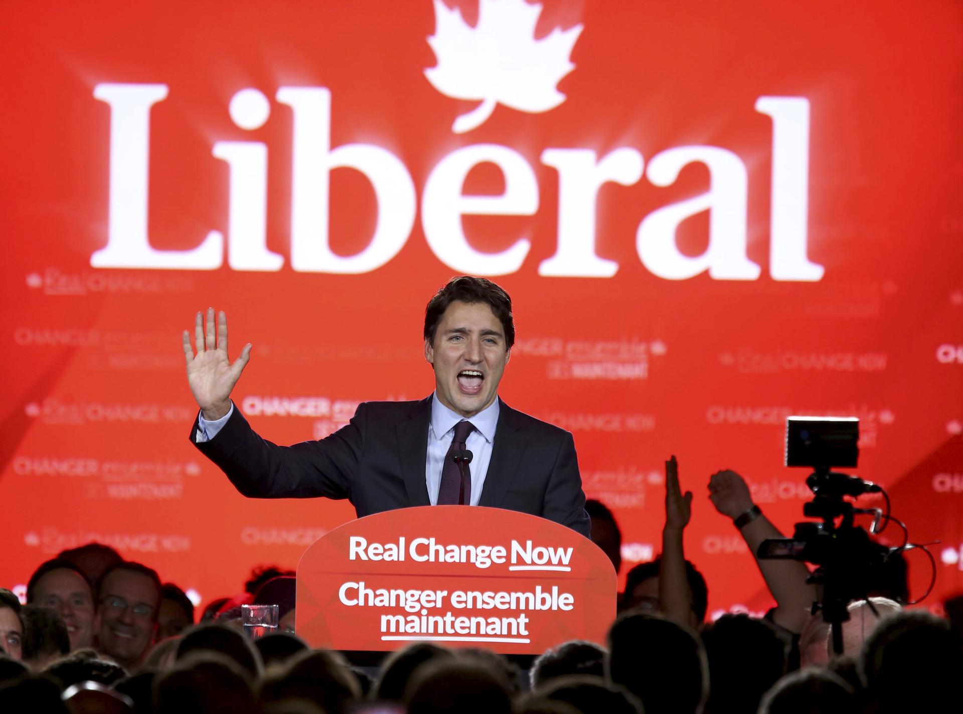 Liberal Party leader Justin Trudeau gives his victory speech after Canada's federal election in Montreal, Quebec, October 19, 2015.