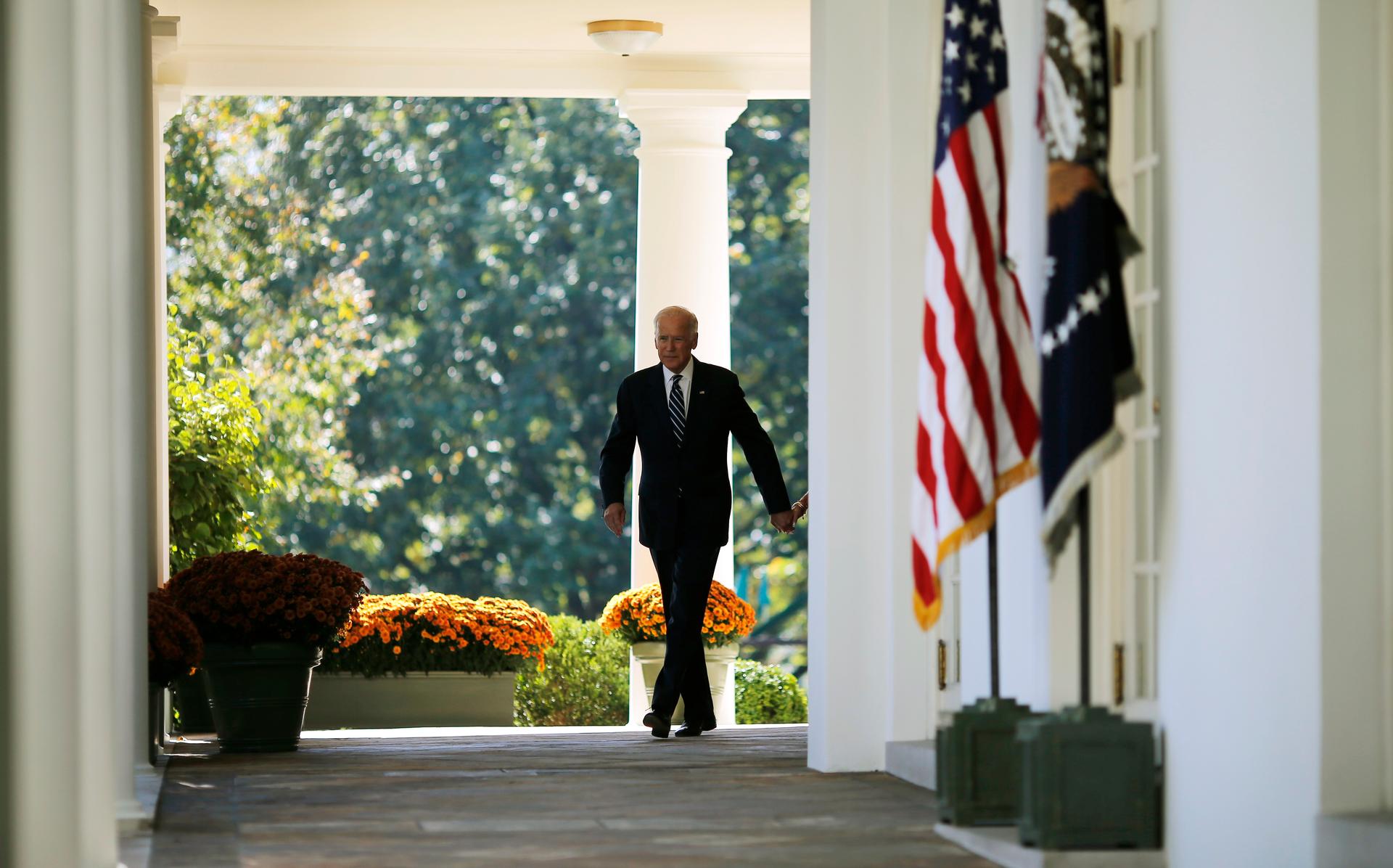 U.S. Vice President Biden arrives to make announcement in the White House Rose Garden in Washington