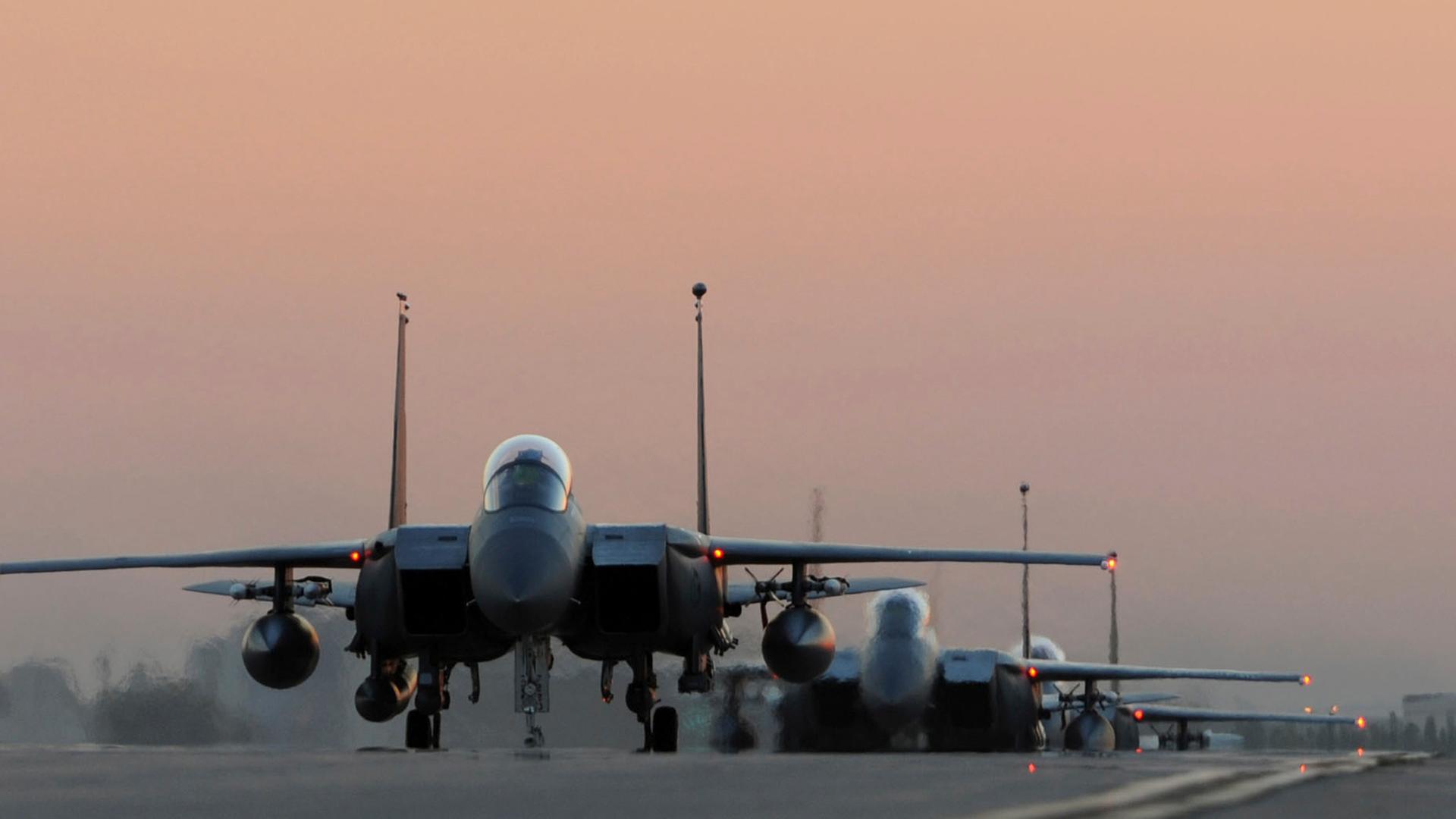 US Air Force F-15E Strike Eagles taxi the runway after landing at Incirlik Air Base, Turkey. Six F-15Es are deployed in support of anti-ISIS operations in Iraq and Syria.
