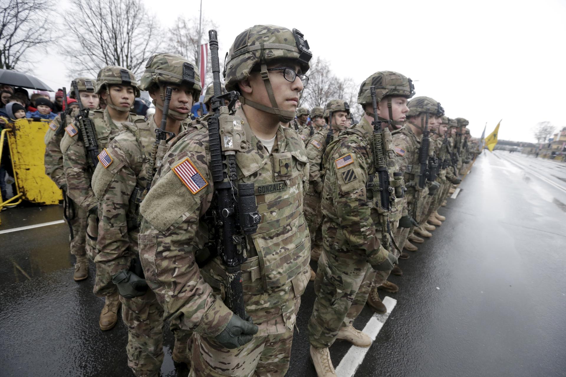 U.S. troops participate in Latvia's Independence Day military parade in Riga, Latvia, November 18, 2015.