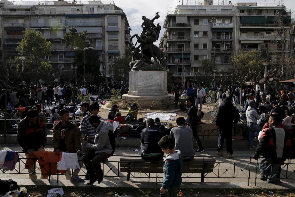 Stranded migrants from Afghanistan and other countries crowded into Athens' Victoria Square in March. This and other sites around the city have also become favored pickup spots for Greek men seeking to buy sex.