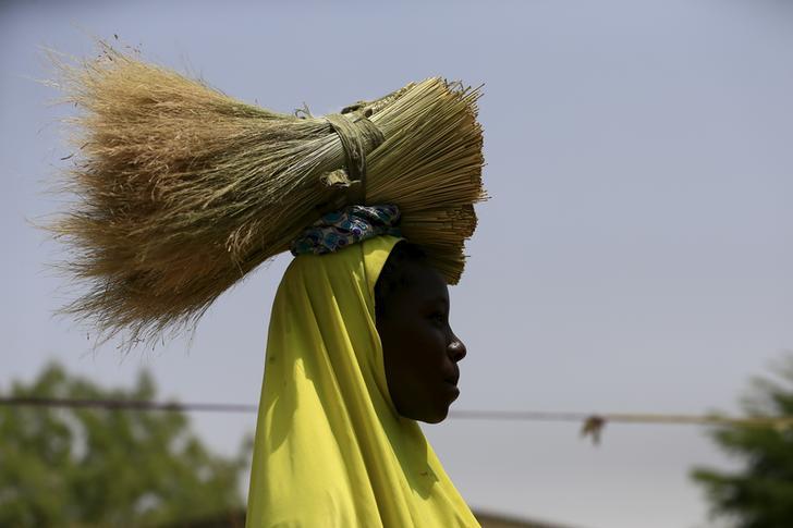 ​A woman carries dried grass on her head in a community for internally displaced people in Maiduguri, Nigeria March 9, 2016.
