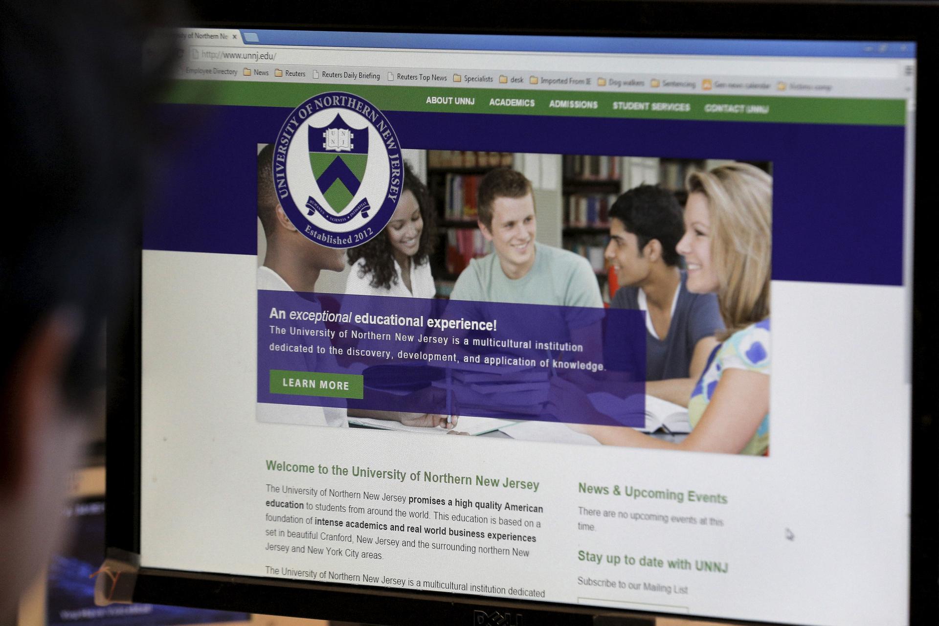 The website for University of Northern New Jersey, a phony university set up by U.S. authorities to lure criminals who defraud the country's Student and Exchange Visitor Program, is seen on a screen in New York April 5, 2016.