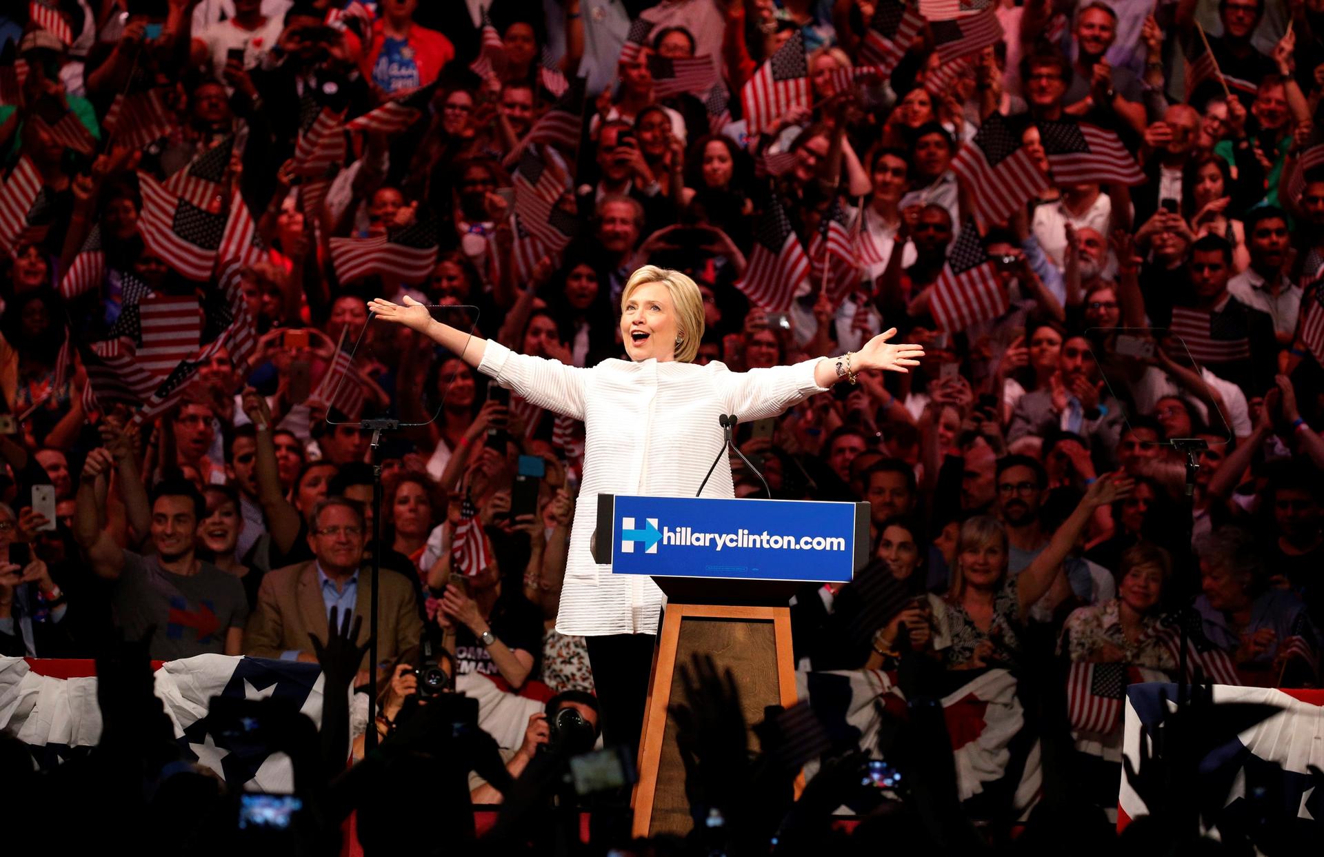 Hillary Clinton arrives to speak during her California primary night rally held in Brooklyn. Clinton declared herself the Democratic Party nominee, saying she had made history as the first woman to lead a major party in a race for the White House.