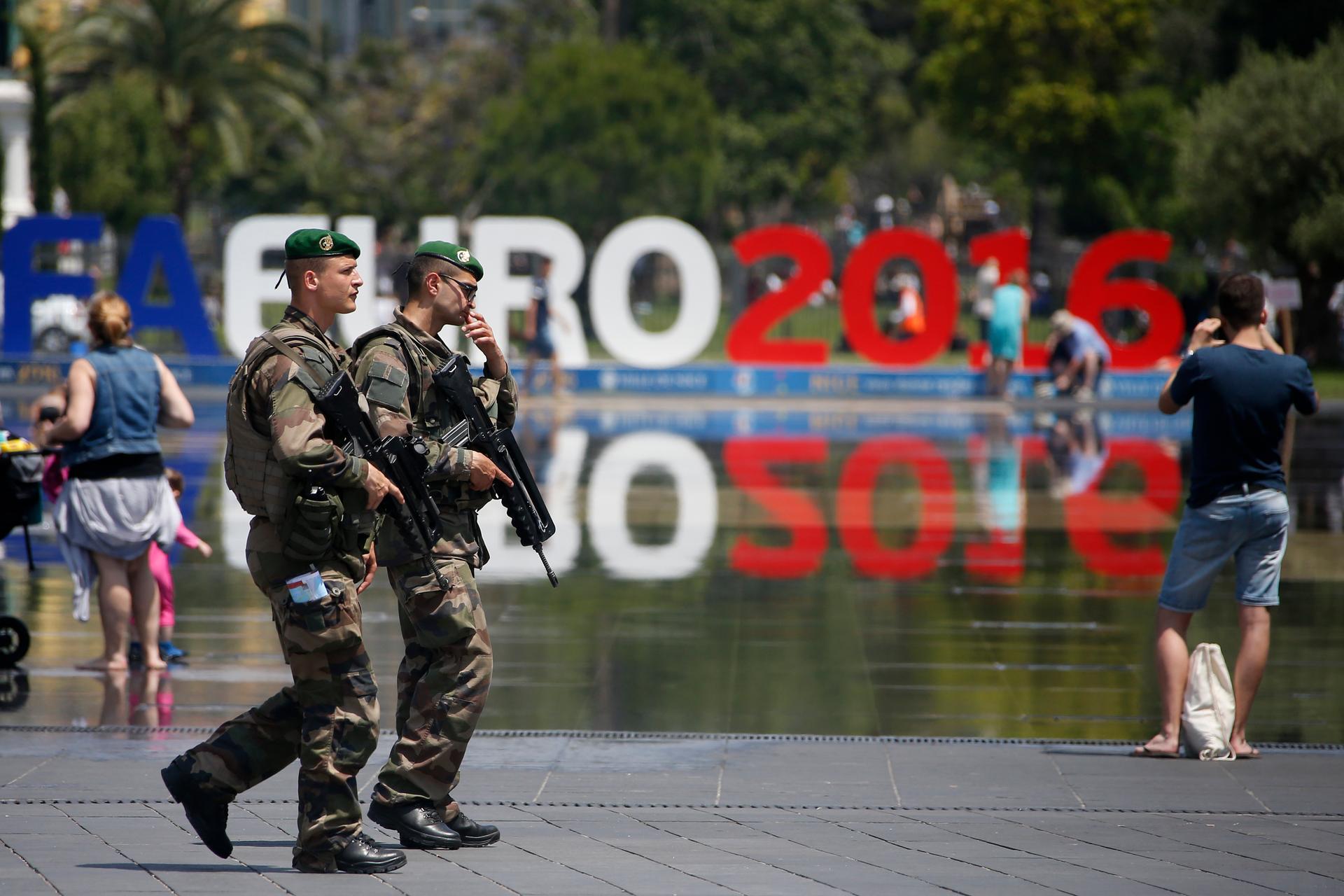 Soldiers patrol ahead of the UEFA 2016 European Championship in Nice, France, June 8, 2016
