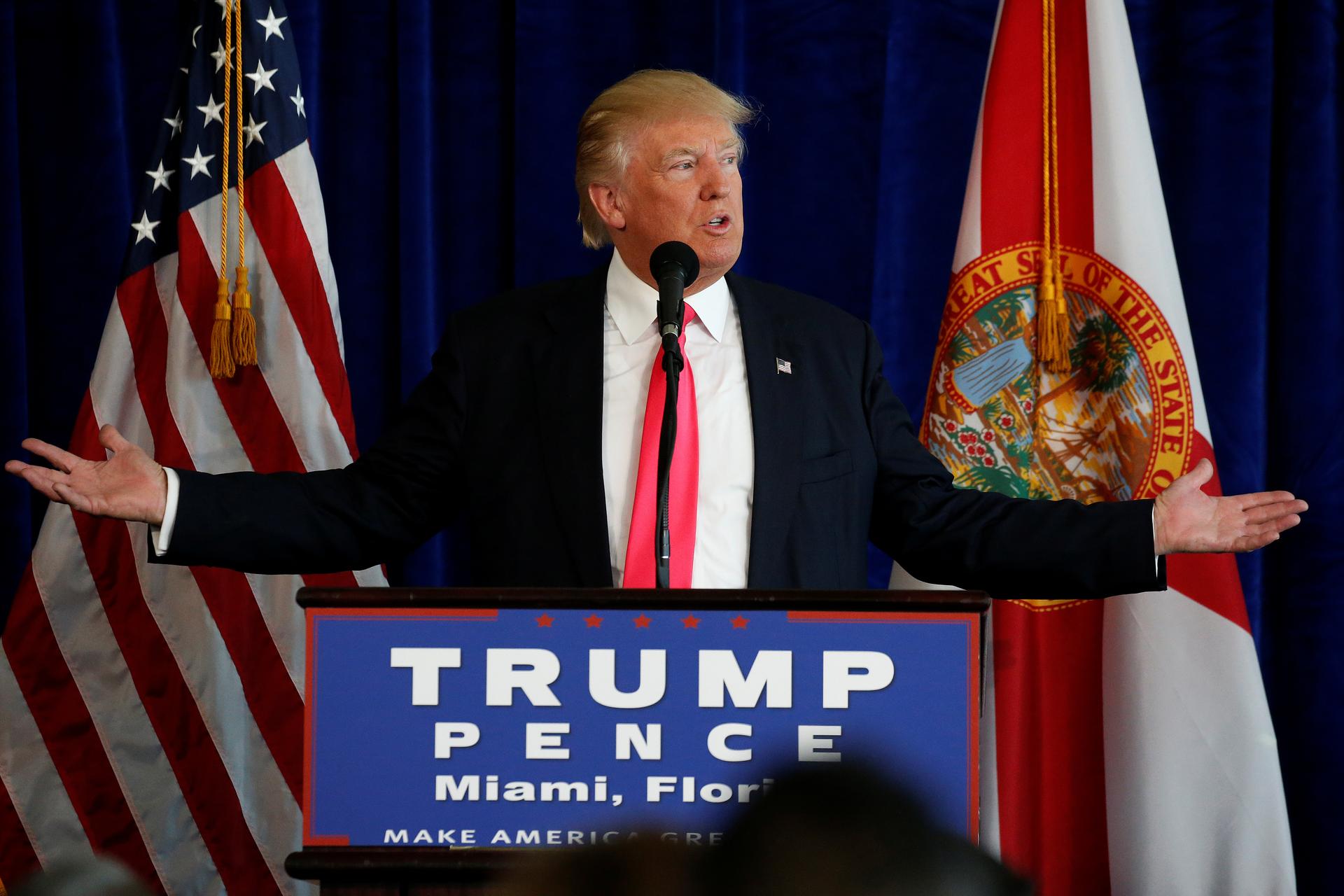 Republican presidential nominee Donald Trump speaks at a campaign event at Trump Doral golf course in Miami, Florida, U.S., July 27, 2016.