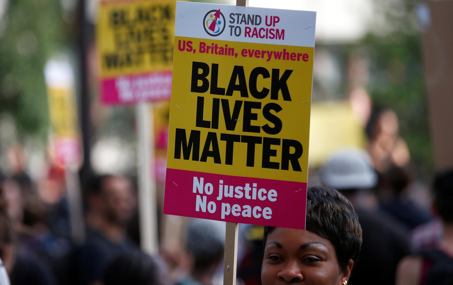 A supporter of Black Lives Matter at a protest in London.