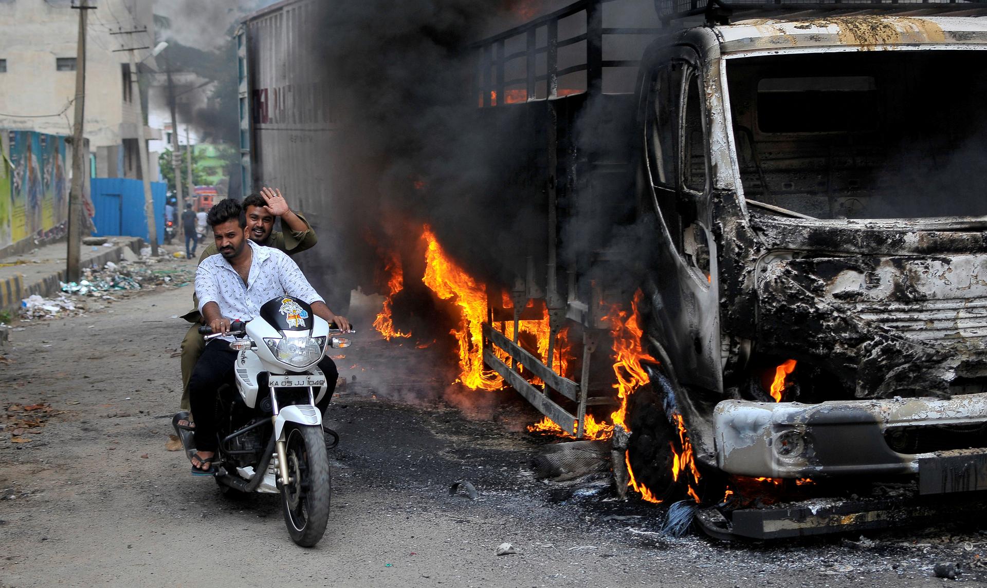 Burned bus in Bengaluru, India
