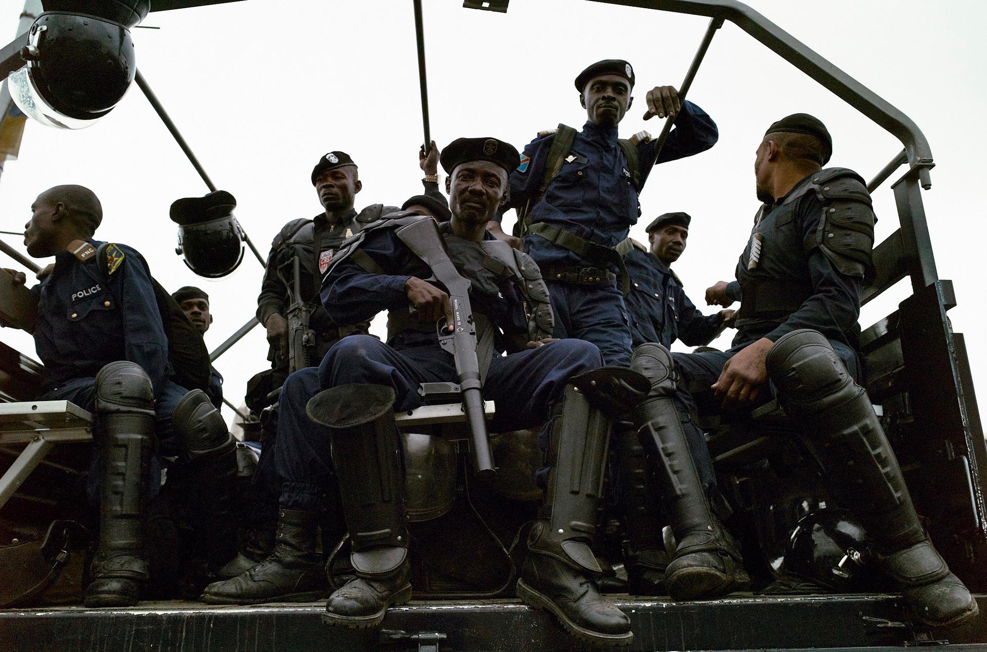 Congolese police on patrol in Kinshasa, Monday