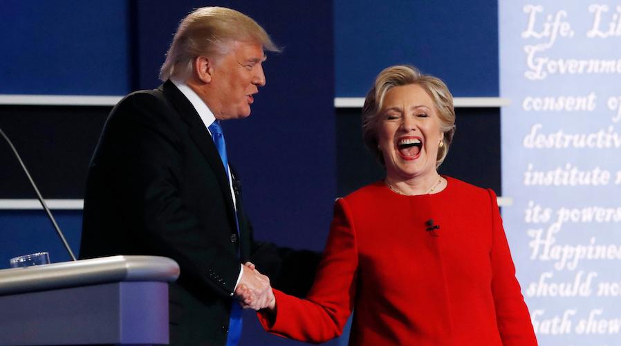 Donald Trump and Hillary Clinton shaking hands after their first presidential debate at Hofstra University in Hempstead, New York, on Sept. 26.