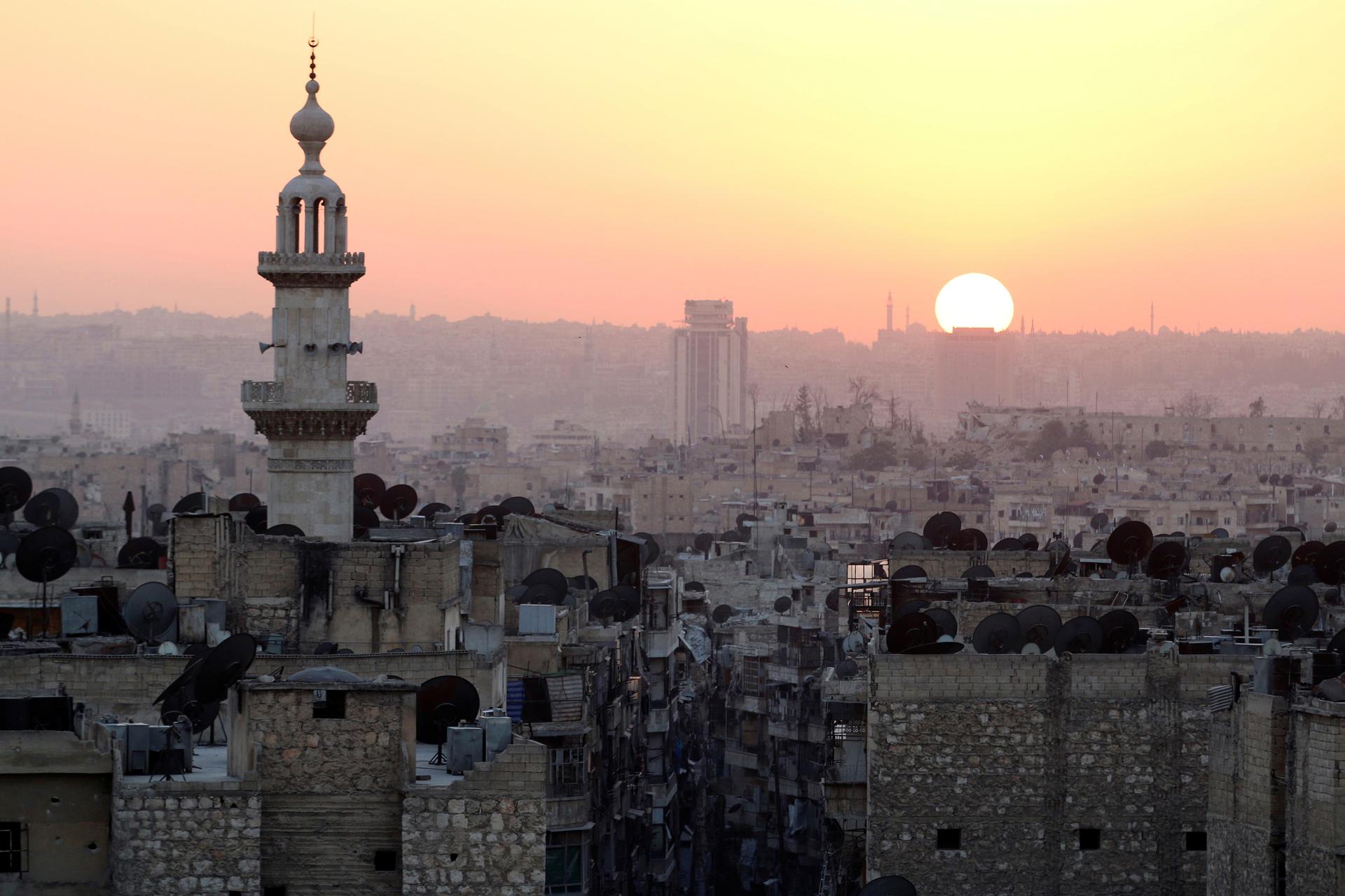 Sunset from the rebel-held section of Aleppo, which has been under siege for more than a year. 
