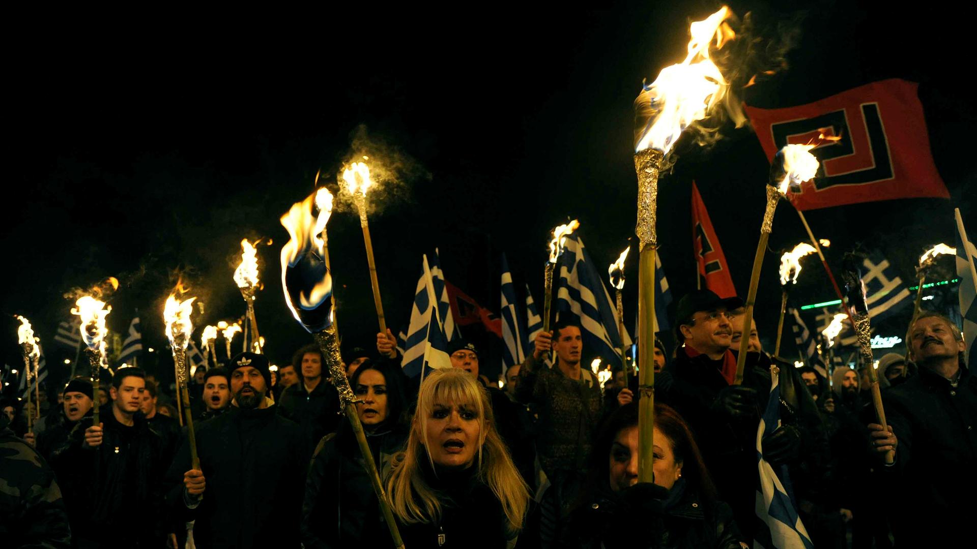 Supporters of Greece's far-right Golden Dawn party rally in Athens, Greece, Jan. 28, 2017. 