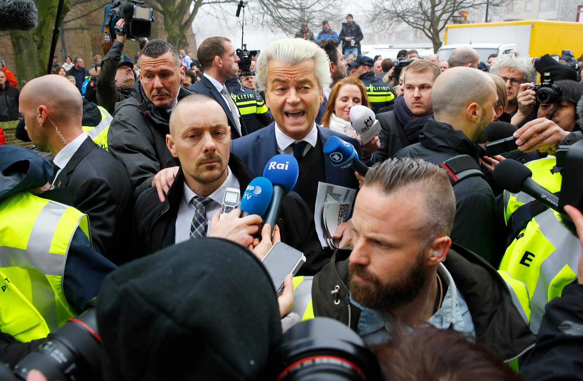 Dutch far-right Party for Freedom (PVV) leader Geert Wilders campaigns for the 2017 Dutch election in Spijkenisse, a suburb of Rotterdam, on February 18. 