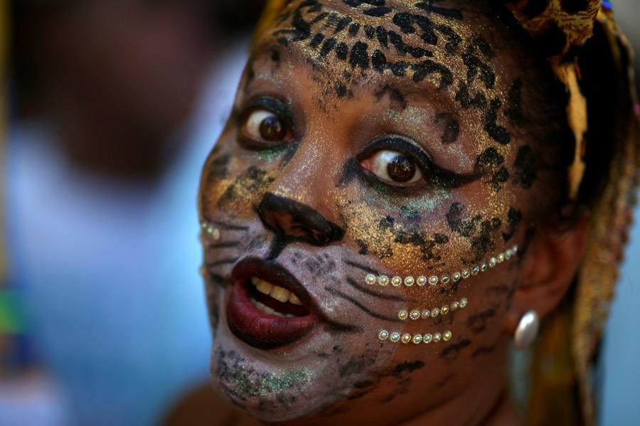 A reveler takes part in the Cordao de Boitata party during pre-Carnival festivities in Rio de Janeiro, Brazil on Feb. 19.