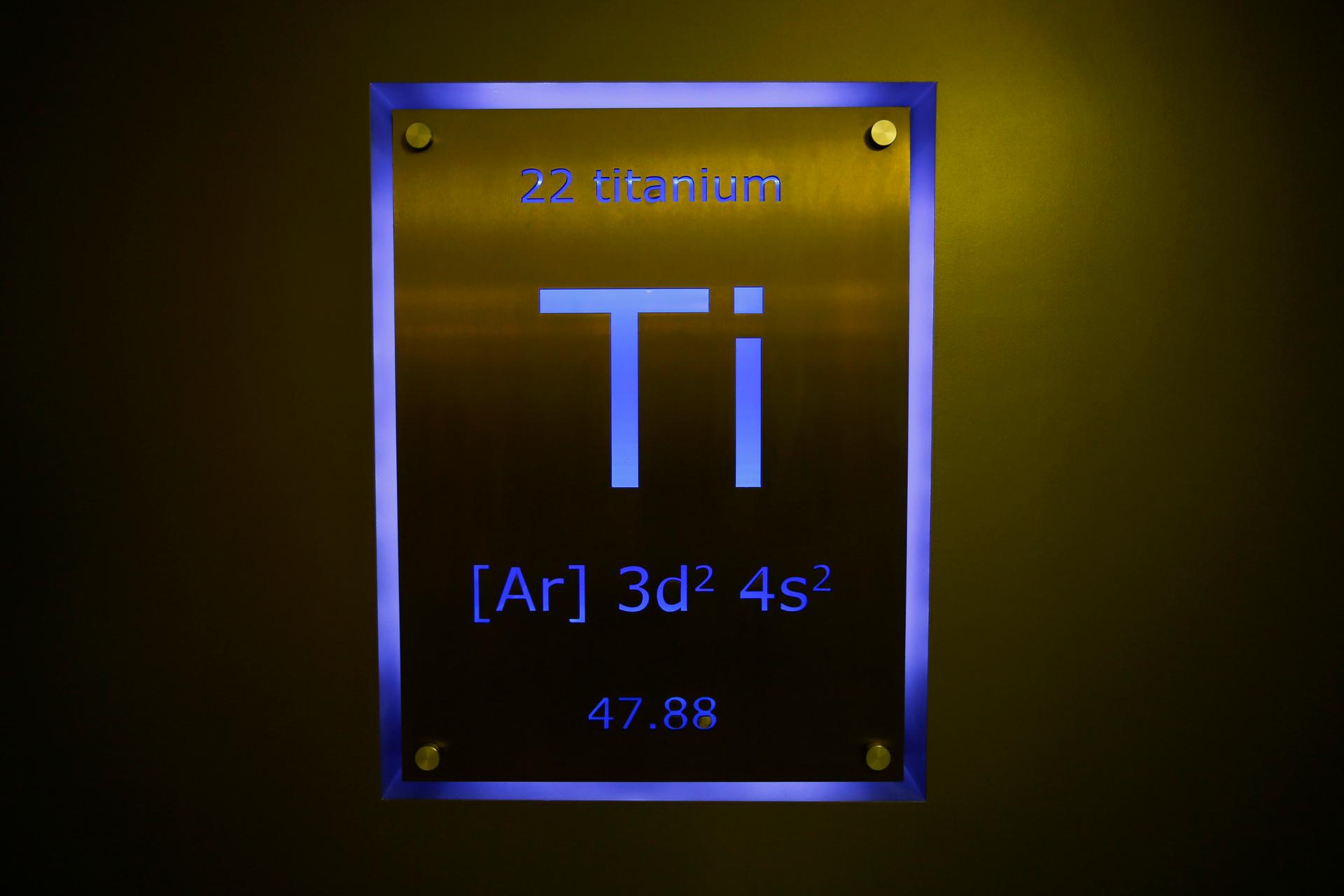 A sign showing titanium on the periodic table of elements is seen at the Nobel Biocare manufacturing facility in Yorba Linda, California May 16, 2013.