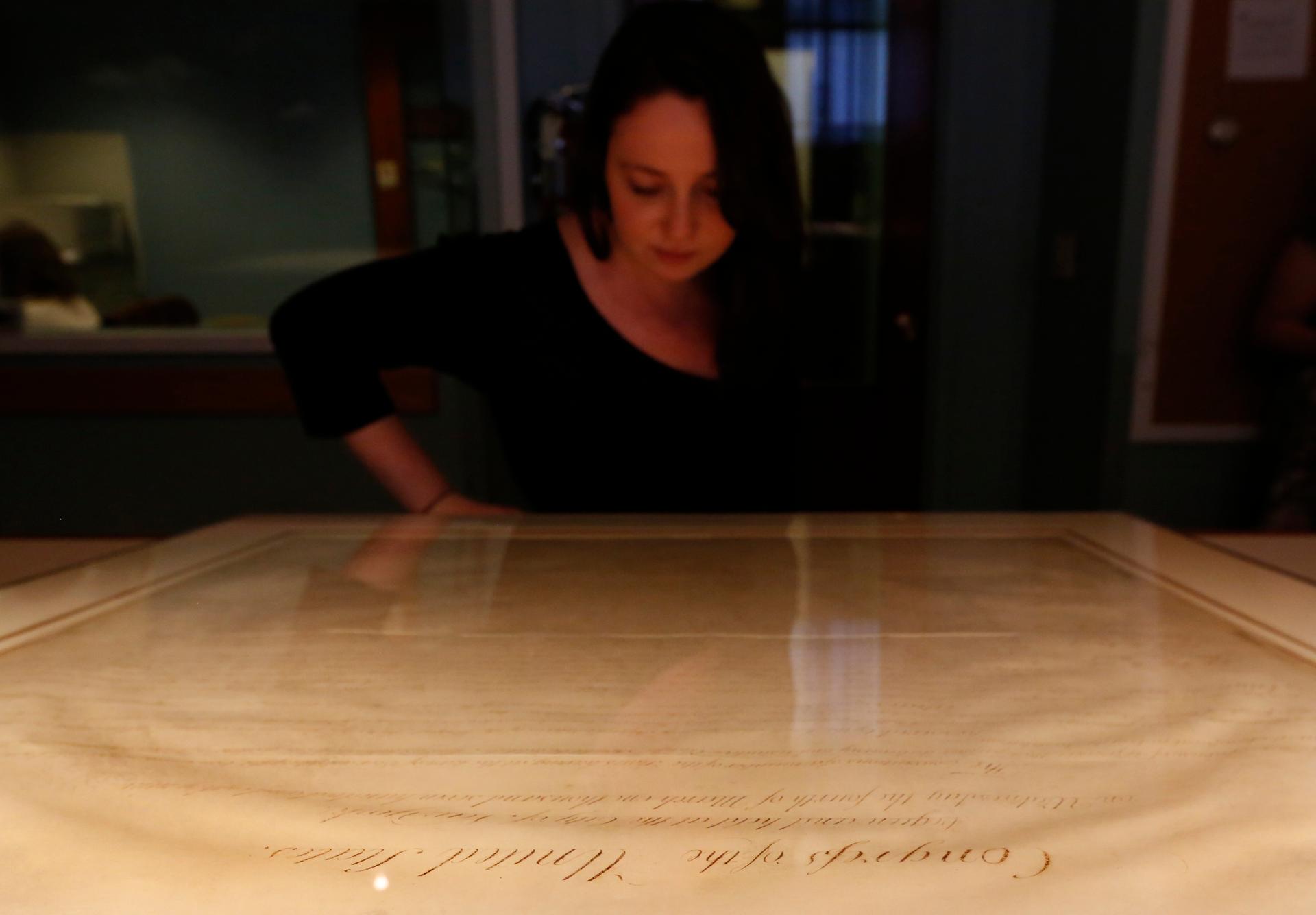 A copy of the Declaration of Independence written by Thomas Jefferson on display at the New York Public Library in 2013. 