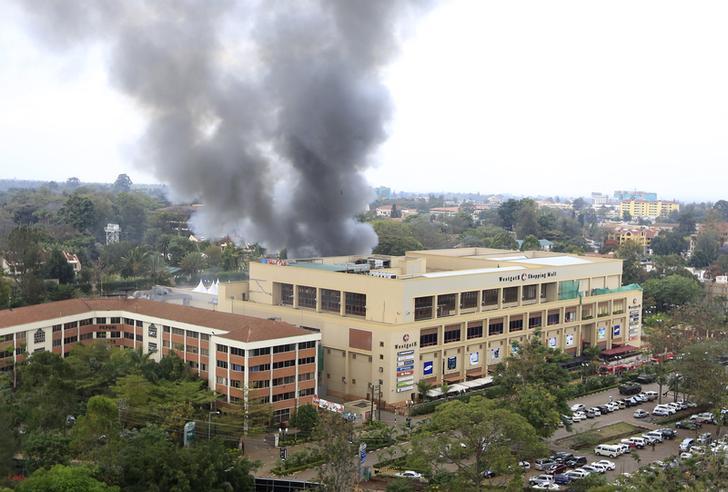 Thick smoke poured from Nairobi's besieged Westgate mall, three days after a raid by Somalia's al- Shabaab militia.