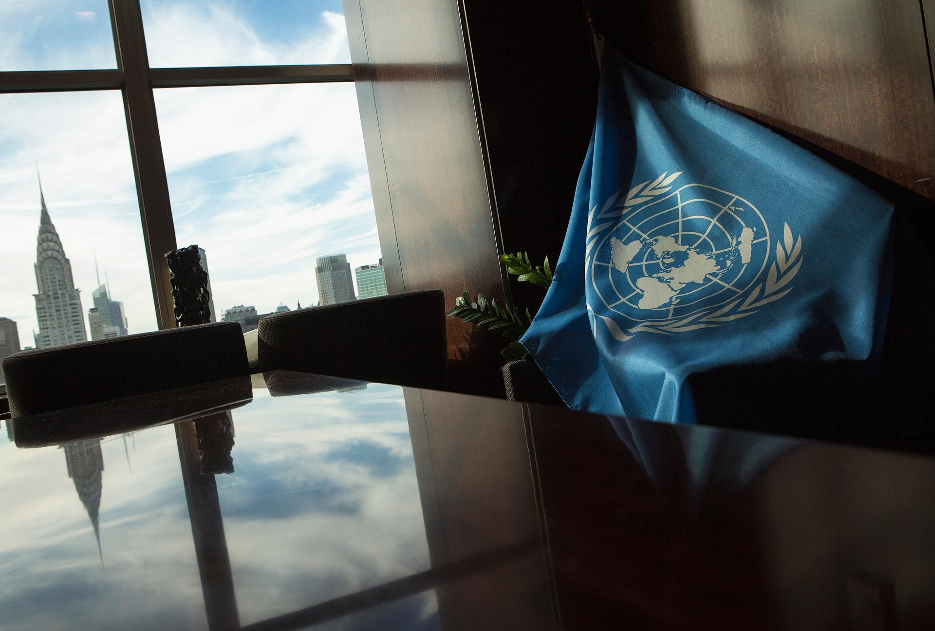 UN flag in a room in New York City 