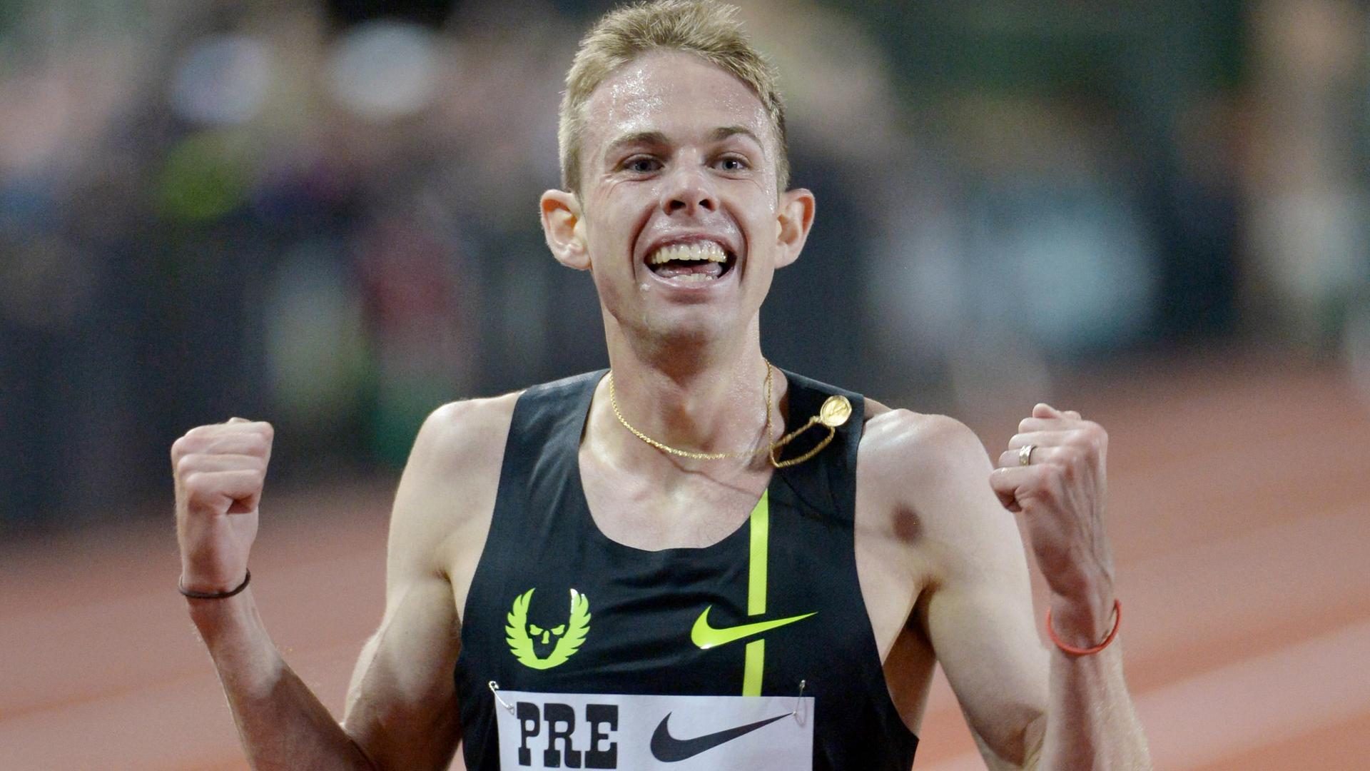 Galen Rupp (USA) celebrates after winning the 10,000m in an American record 26:44.36 in the 40th Prefontaine Classic at Hayward Field in Eugene, OR, on May 30, 2014.