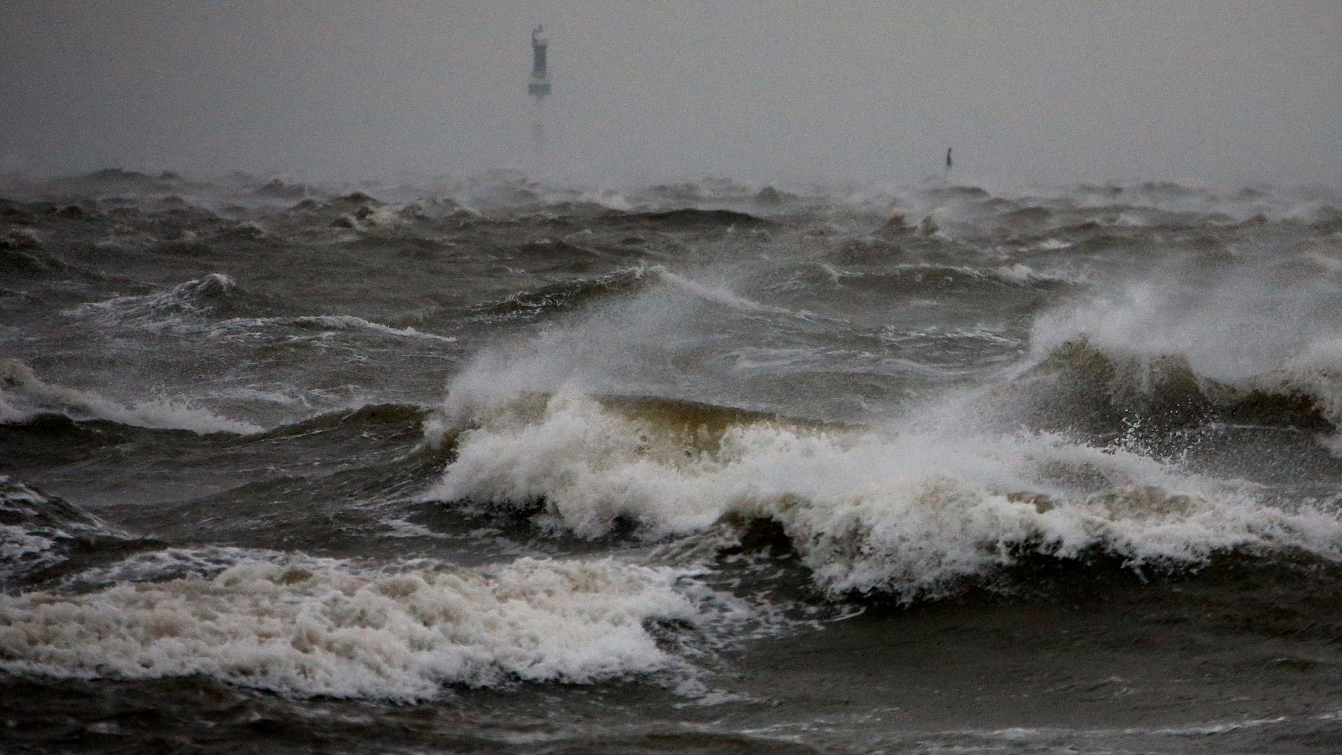 Waves at the North Sea are pictured at a quay wall in Cuxhaven, Germany.