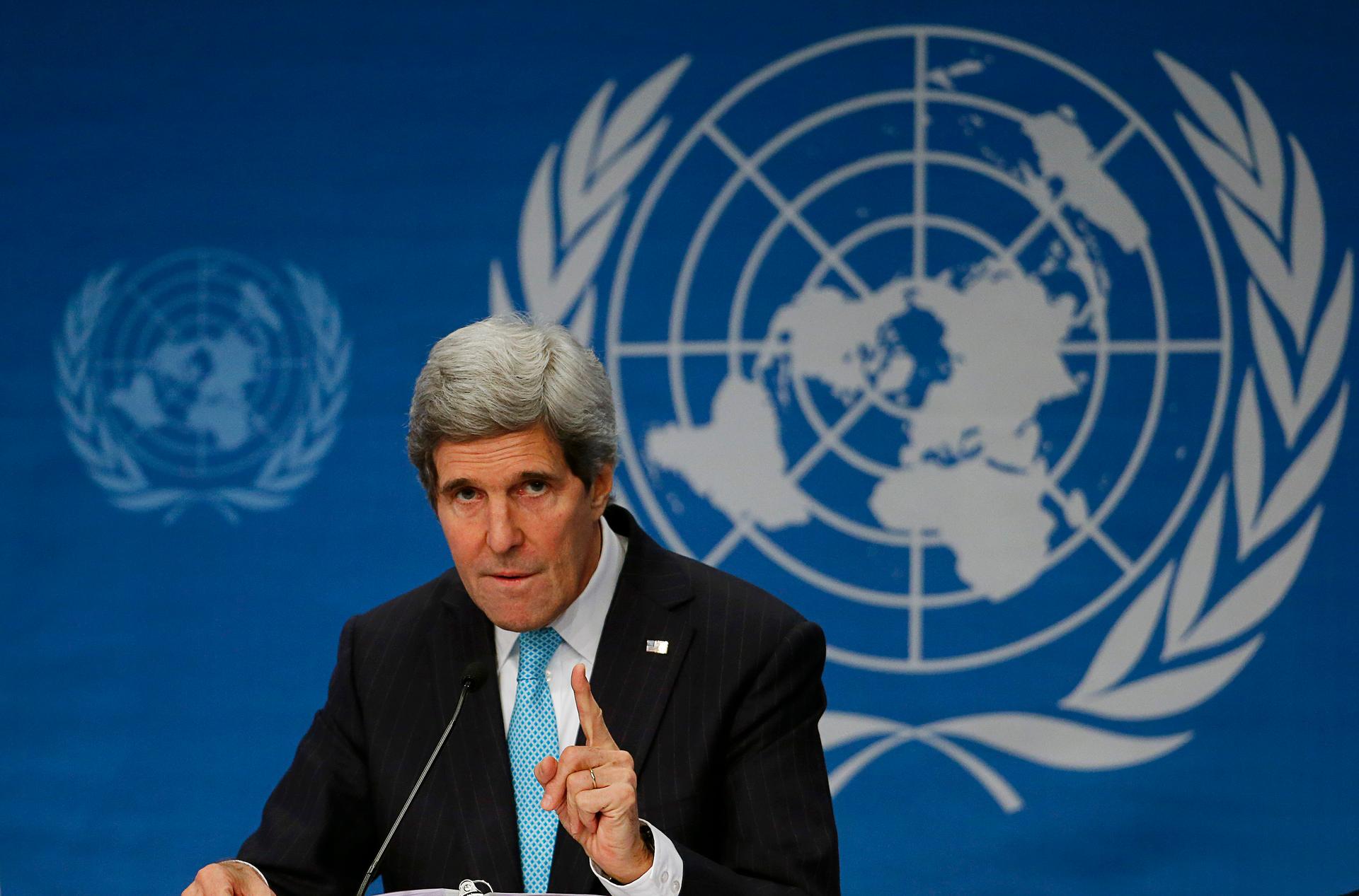 US Secretary of State John Kerry addresses a news conference after the Geneva-2 peace talks in Montreux January 22, 2014.