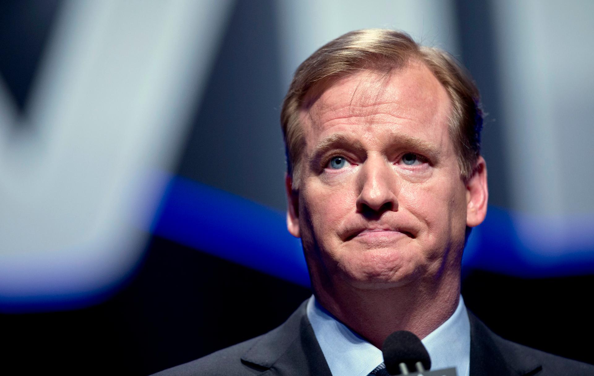 NFL Commissioner Roger Goodell speaks during a news conference ahead of the 2014 Super Bowl.
