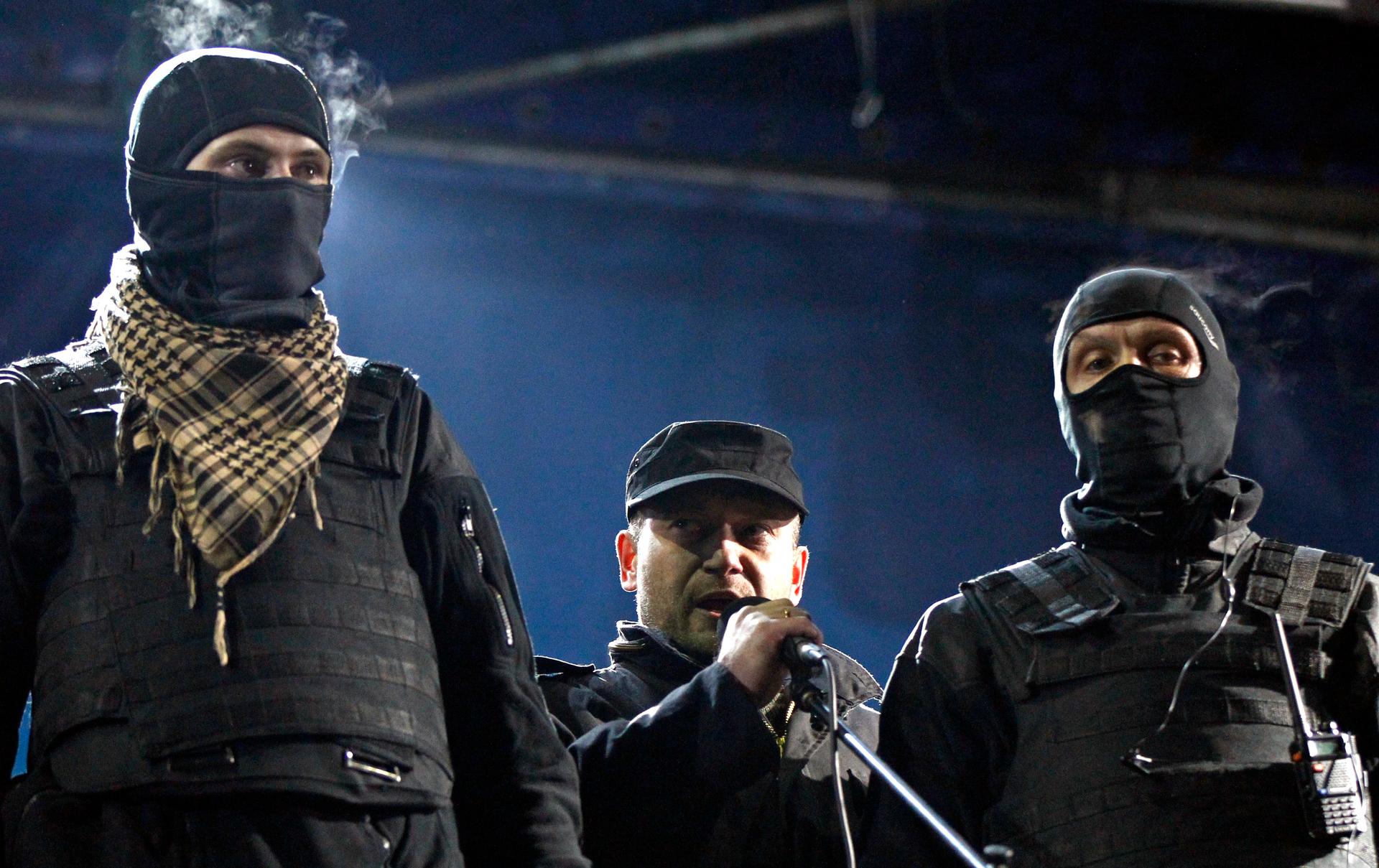Dmytro Yarosh (center), leader of the Right Sector movement, during a rally in Kiev last month.