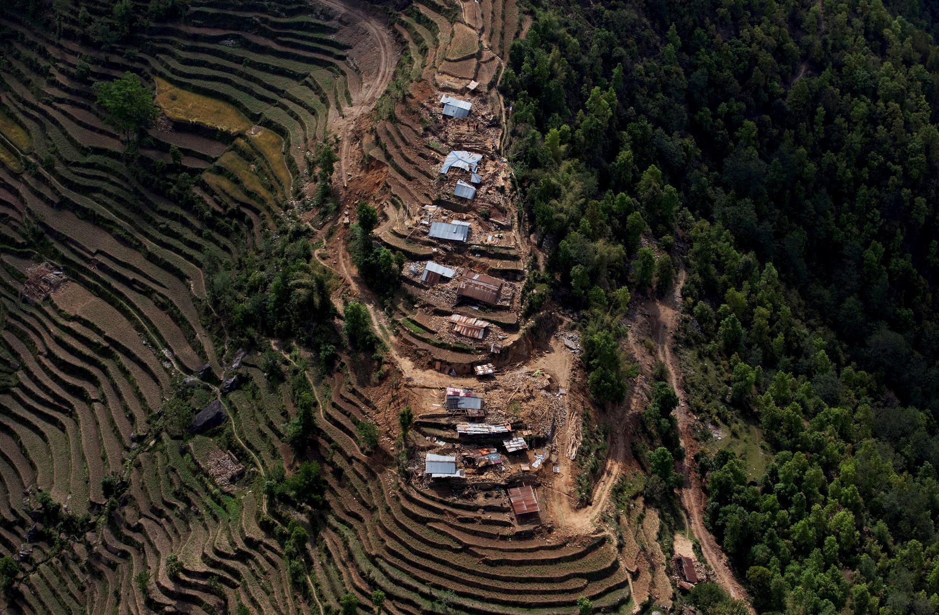 An aerial view of houses damaged by Saturday's earthquake is seen in Nuwakot, Nepal, May 1, 2015.