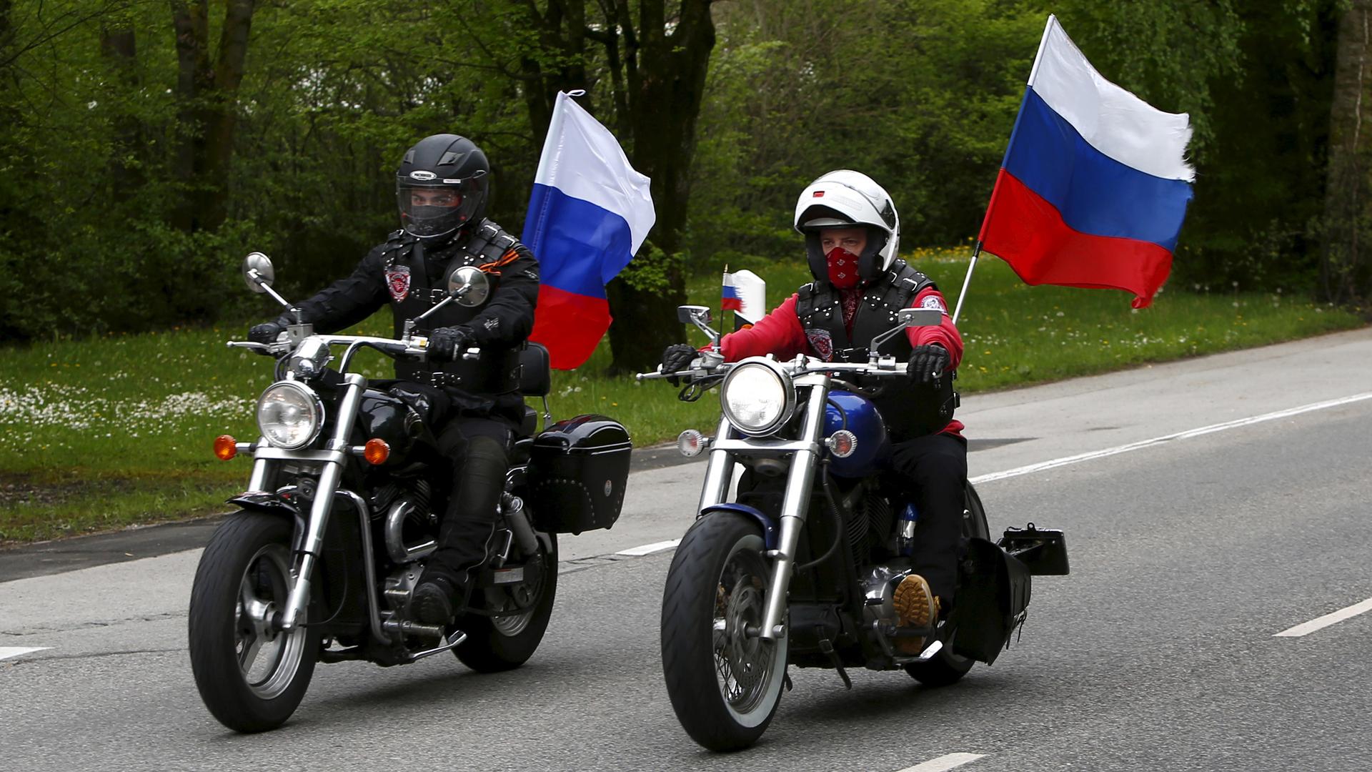 Members of the Russian motorcycle group called 'Nachtwoelfe' (Night Wolves) arrive at the former German Nazi concentration camp in Dachau near Munich, Germany May 4, 2015.