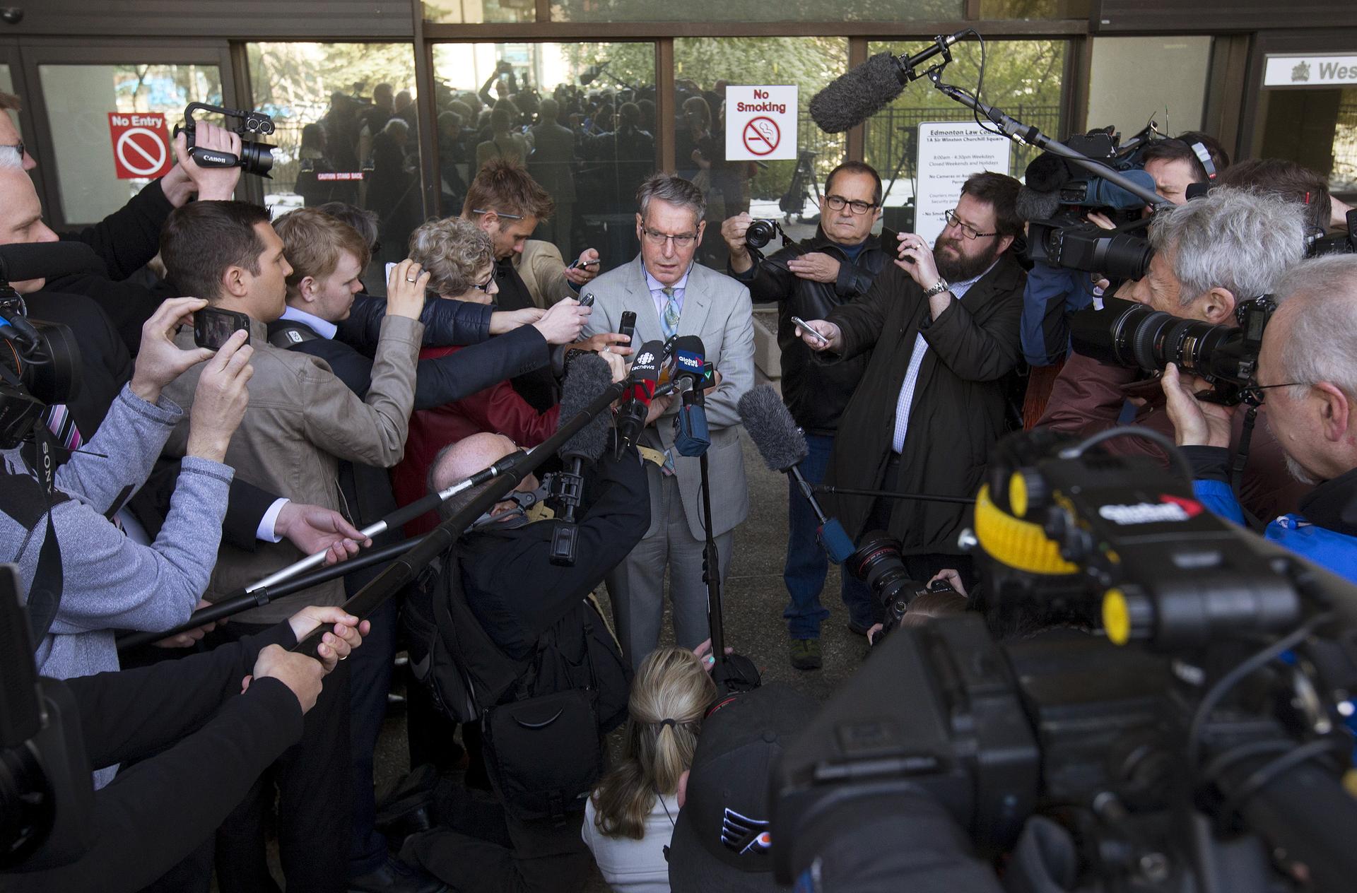 Lawyer Dennis Edney answers questions during a news conference after his client Omar Khadr was released on bail in Edmonton, Alberta, May 7, 2015.