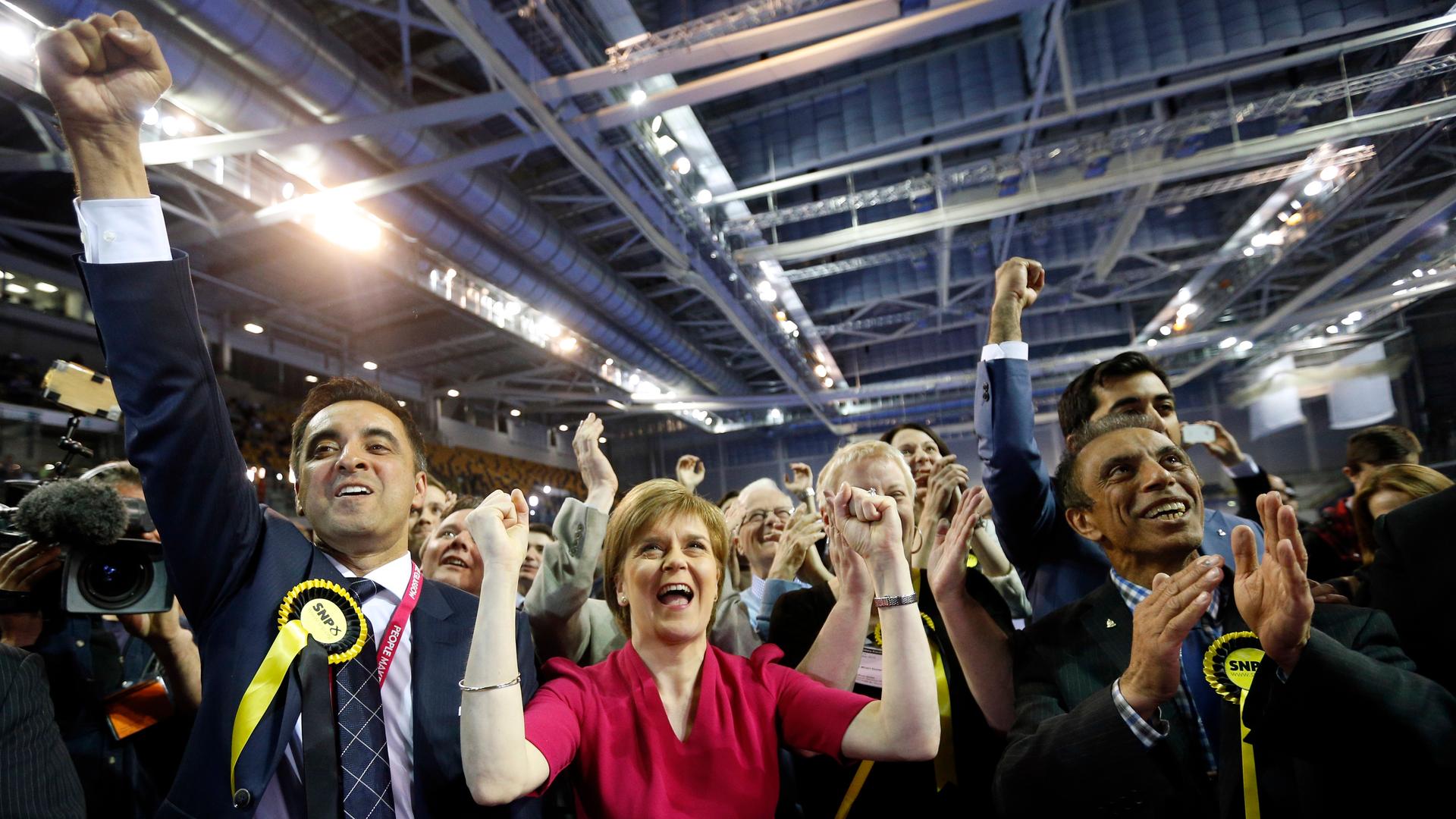 Nicola Sturgeon, leader of the Scottish National Party, reacts to election results at a counting center in Glasgow, Scotland, on May 8, 2015.