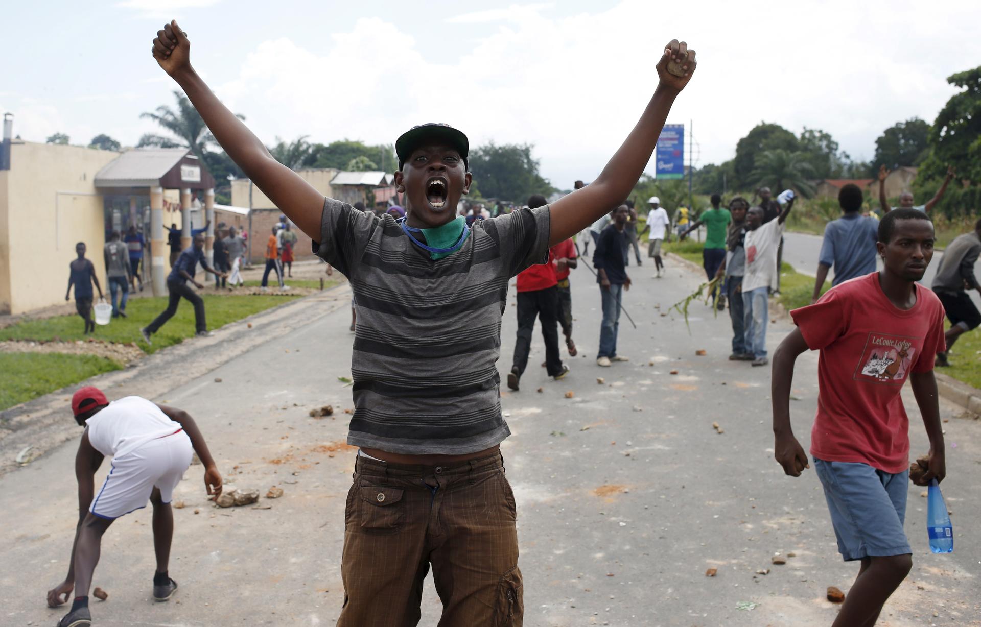 A man gestures during a protest in Bujumbura, Burundi, on May 13, 2015 against Burundian President Pierre Nkurunziza's decision to run for a third term.